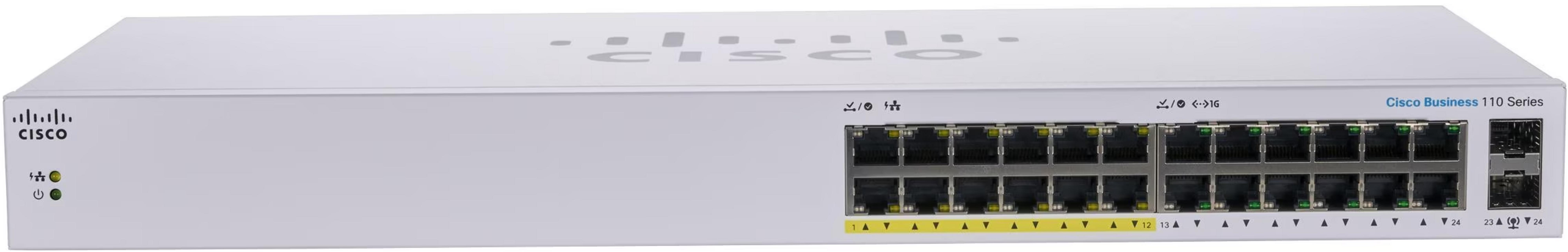 Biały przełącznik Cisco Business 110 Series z wieloma portami.