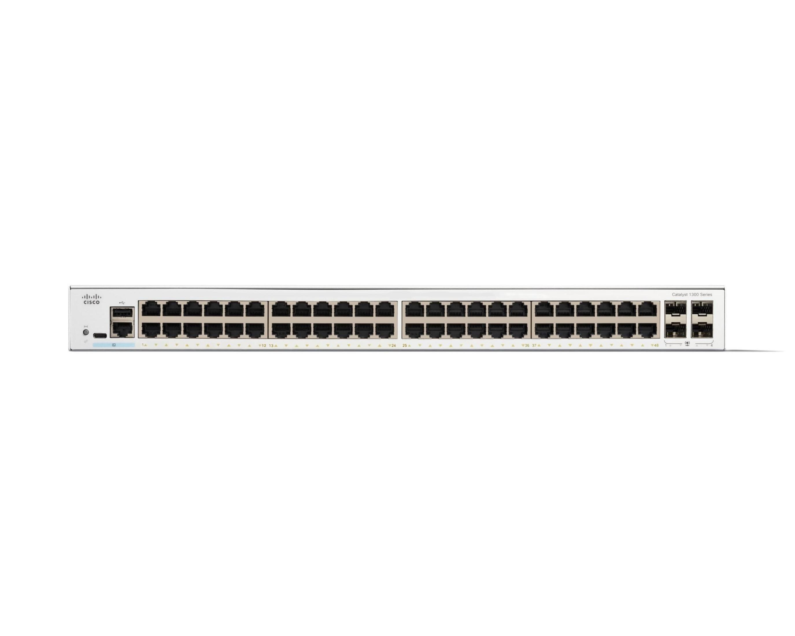 Uno switch Cisco Catalyst 1300 Series bianco con 48 porte.
