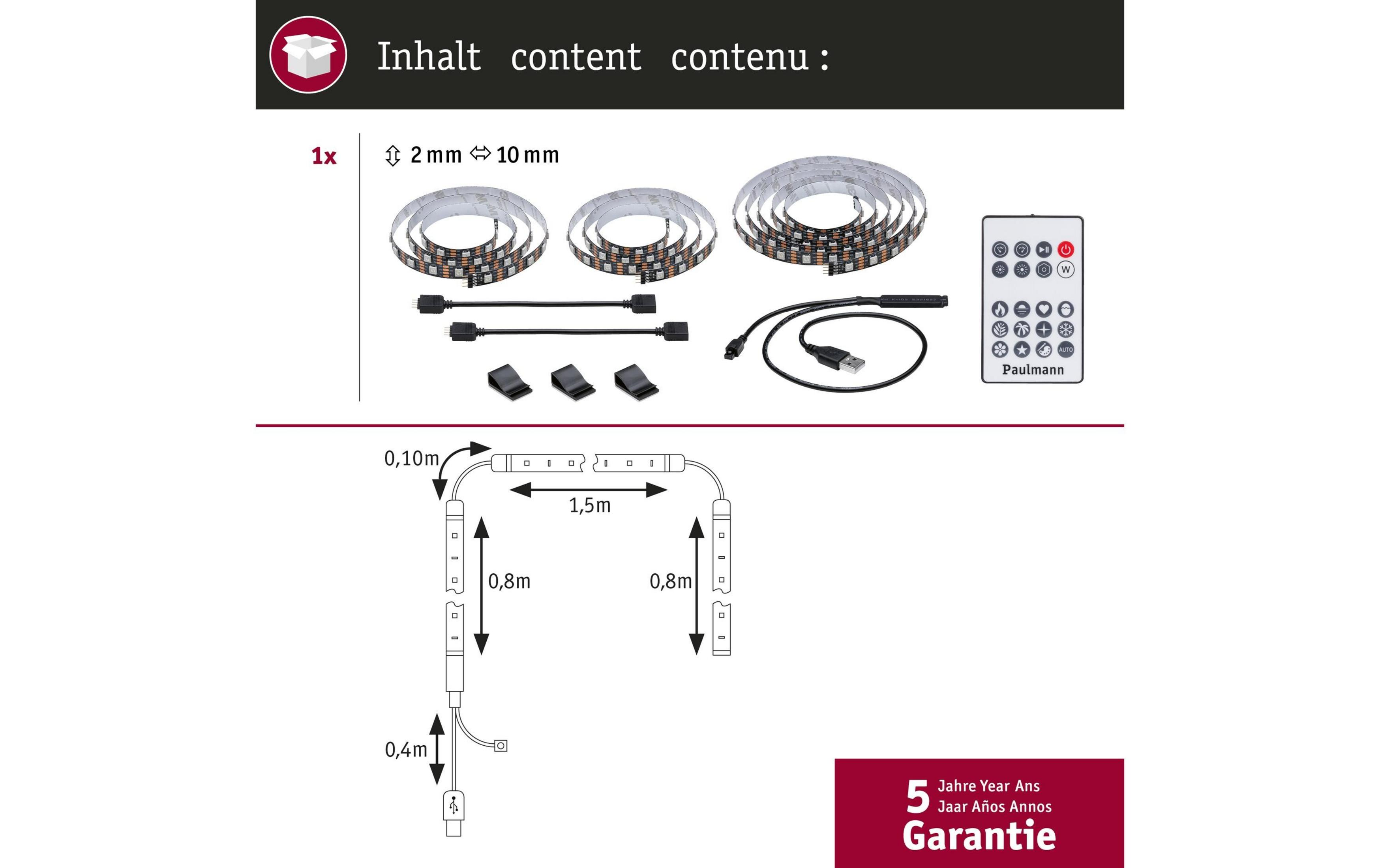 Contenuto: Strisce LED, cavo USB, telecomando, clip. Dimensioni indicate.