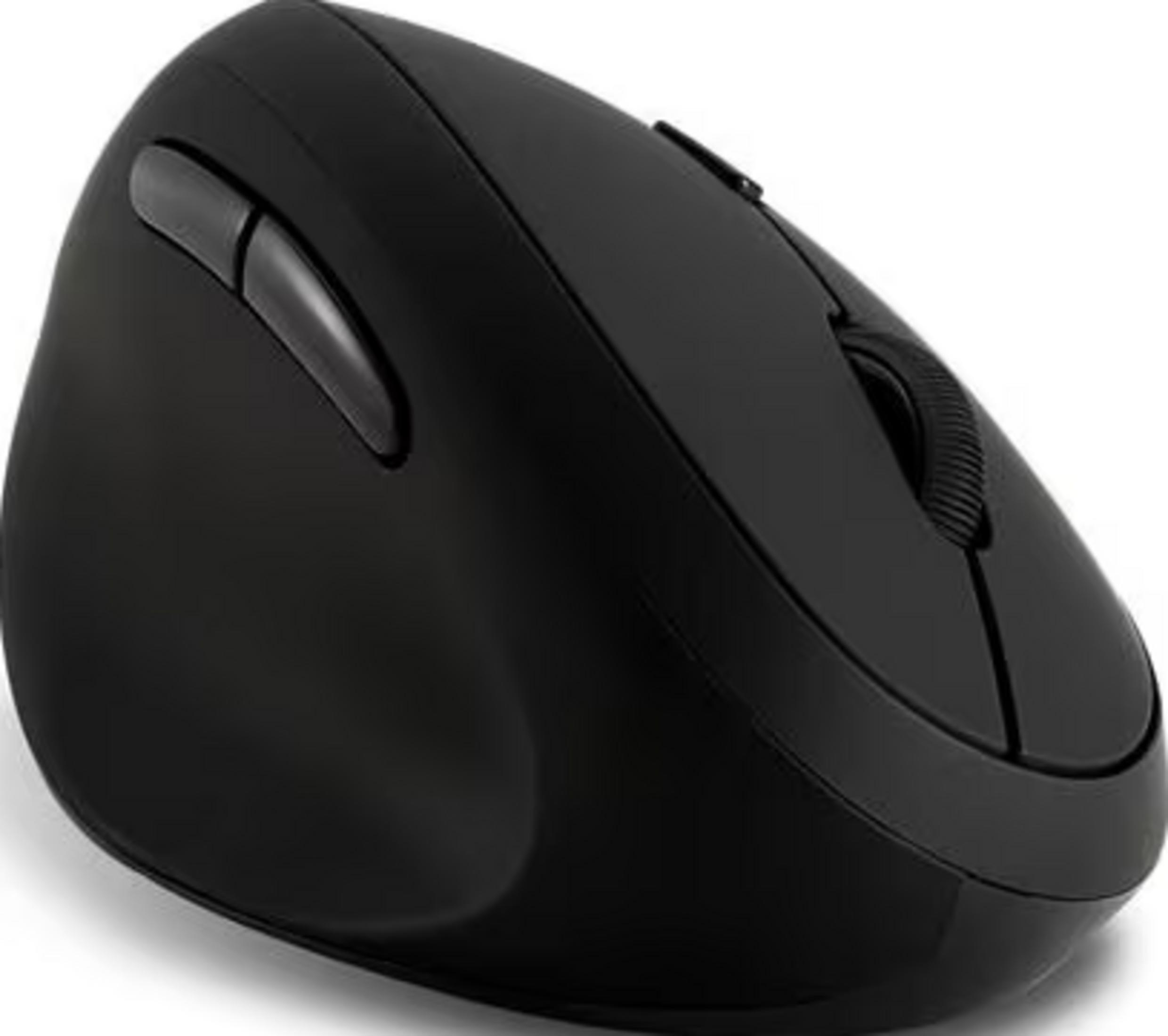 Czarna ergonomiczna mysz komputerowa z kółkiem przewijania i przyciskami kciuka.