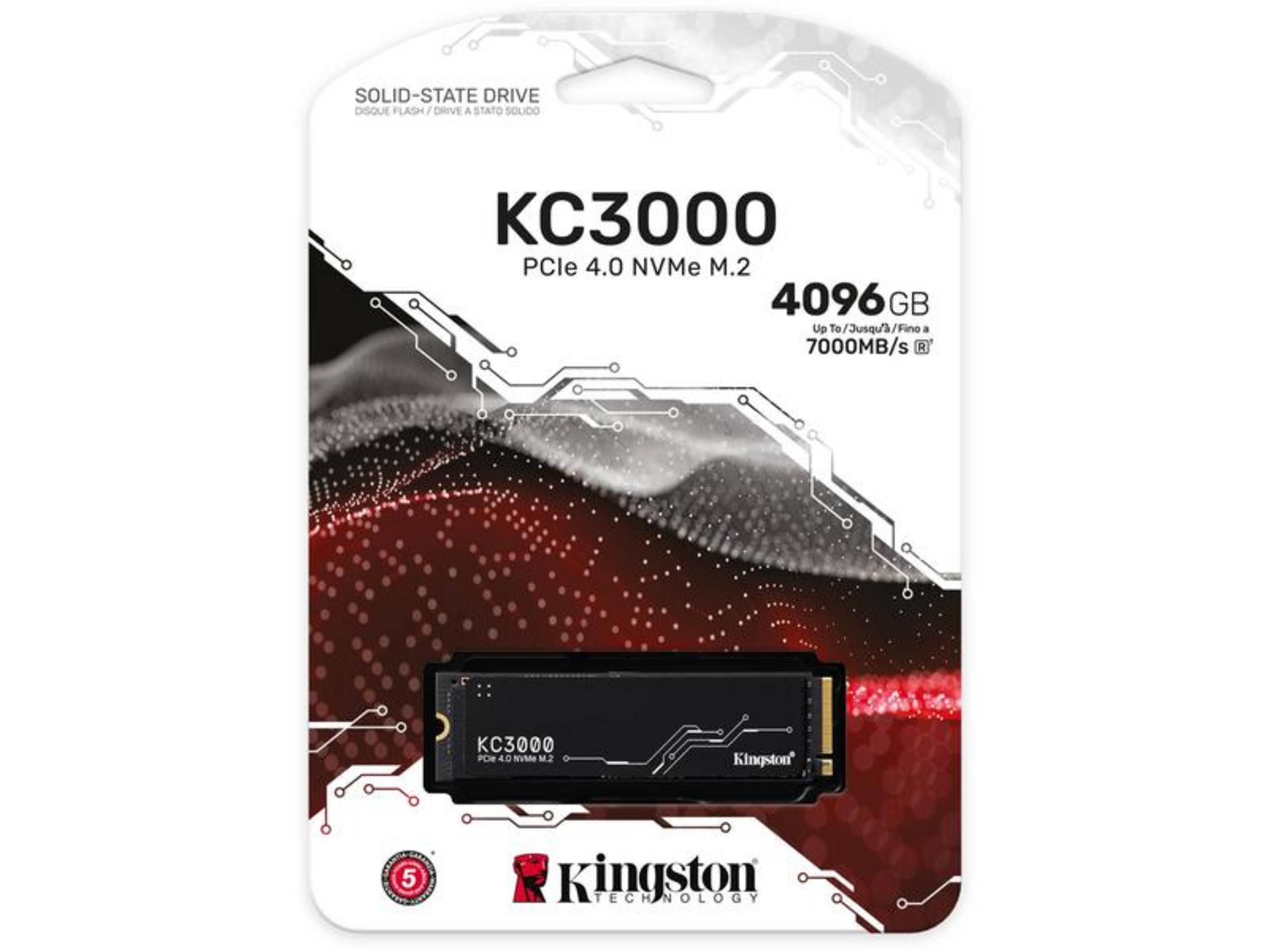 Kingston KC3000 4096GB NVMe M.2 SSD w opakowaniu z czerwonym wzorem.