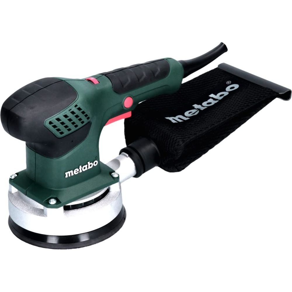 Grüner Metabo Exzenterschleifer mit Staubfangsack und silberner Basis.