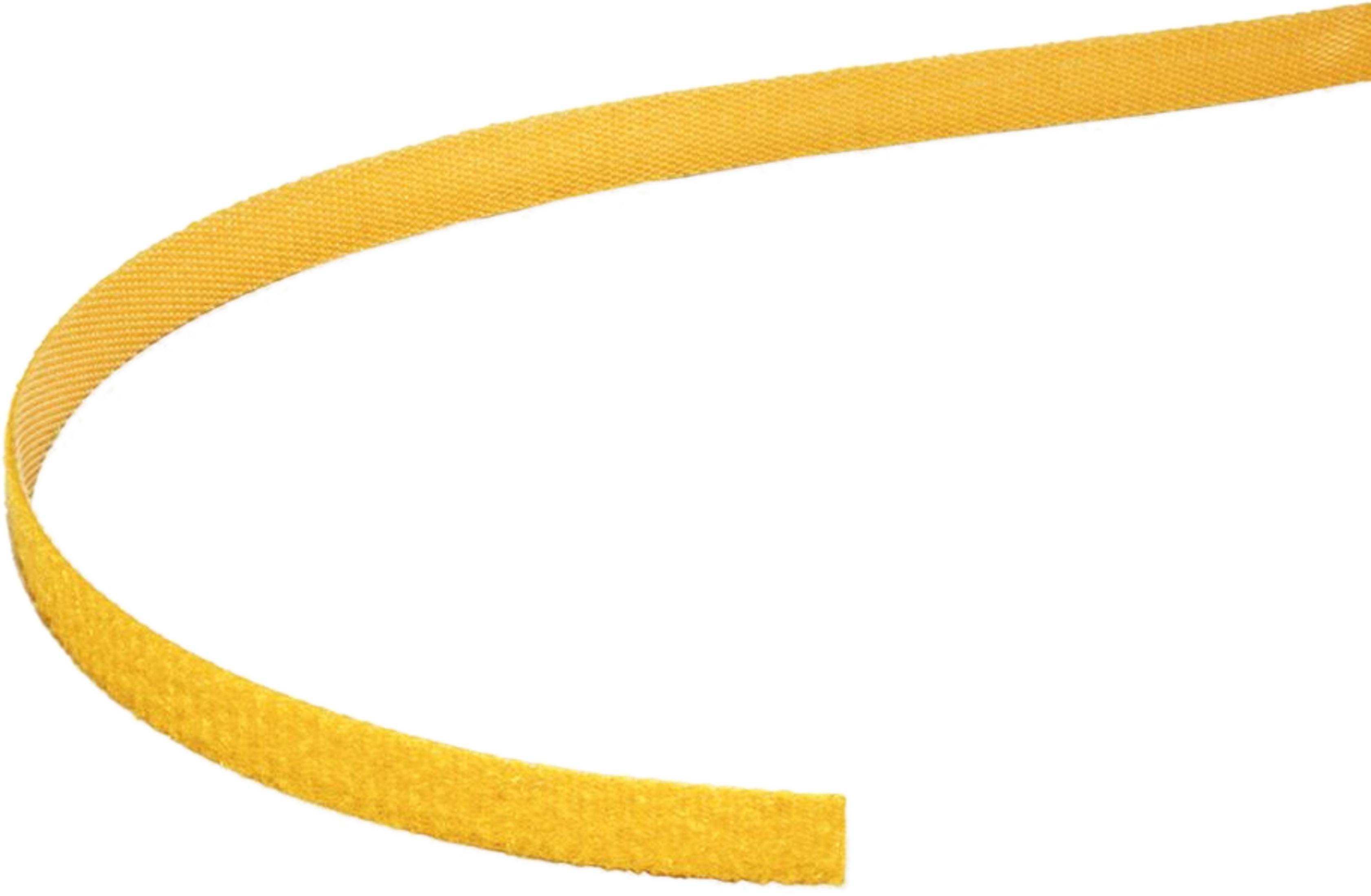 Ein gelbes Klettband krümmt sich auf einem weißen Hintergrund.