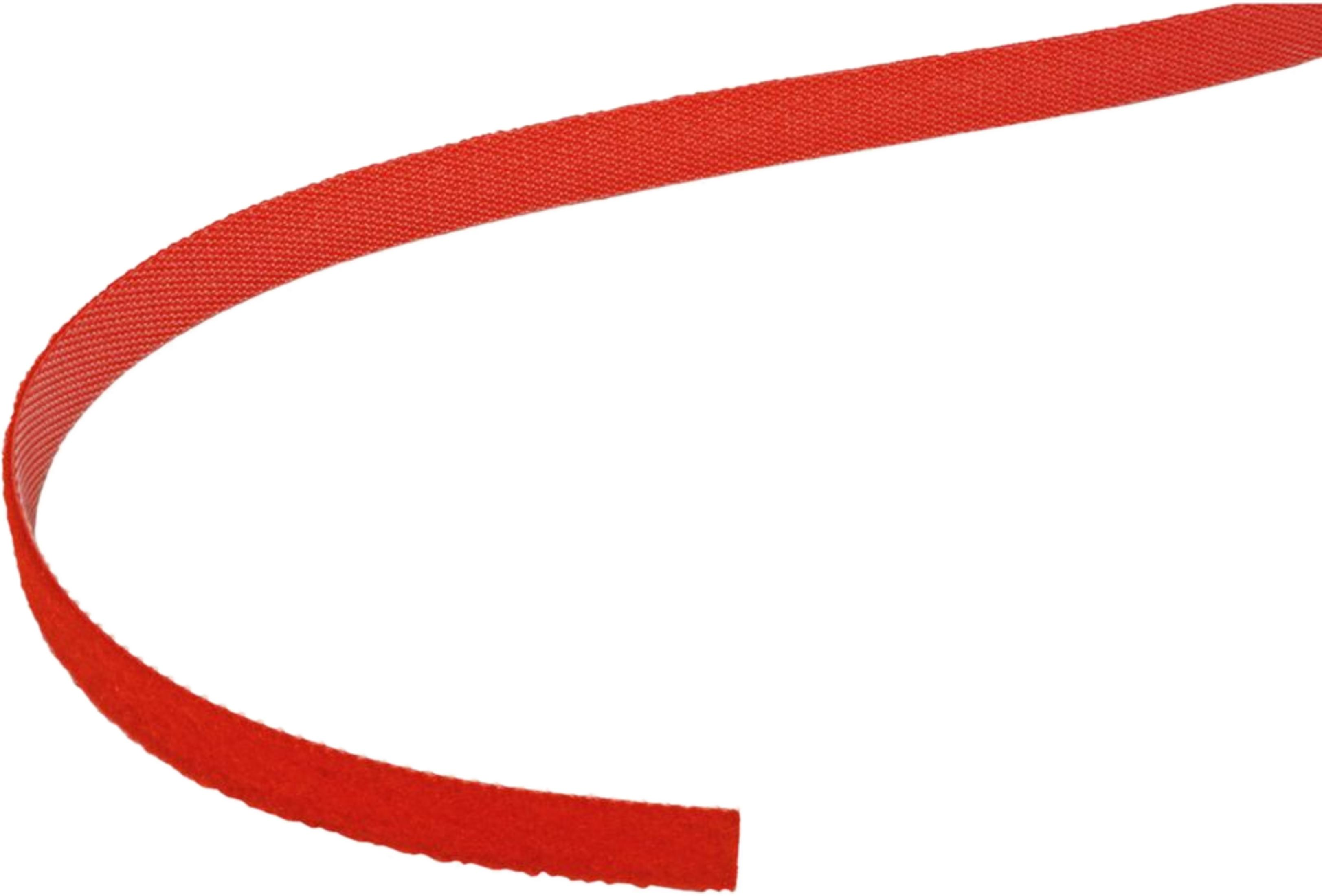 Ein einzelnes rotes Band, das sich in einer Kurve über einen weißen Hintergrund windet.