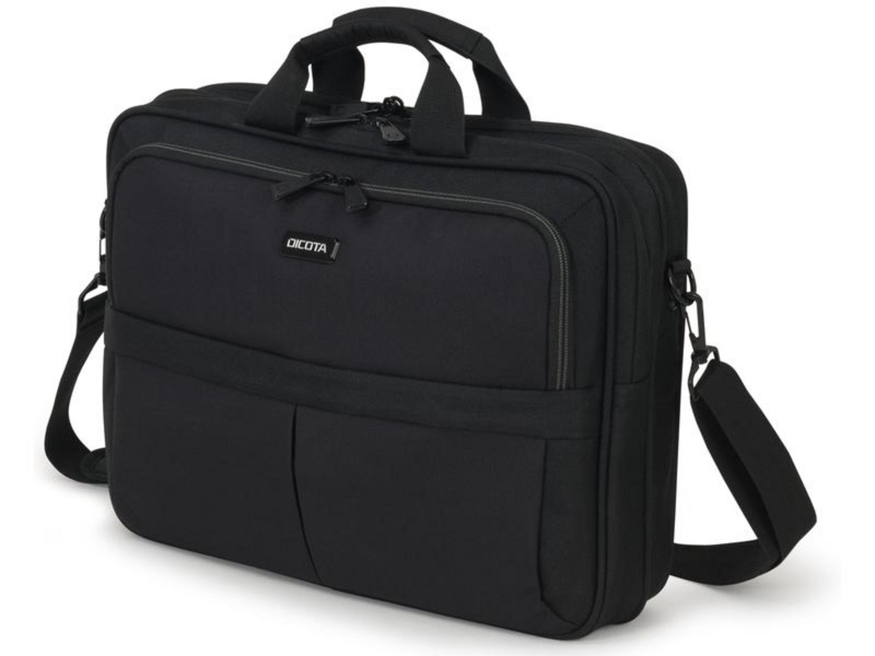 Borsa nera per laptop con manici e tracolla, logo Dicota.