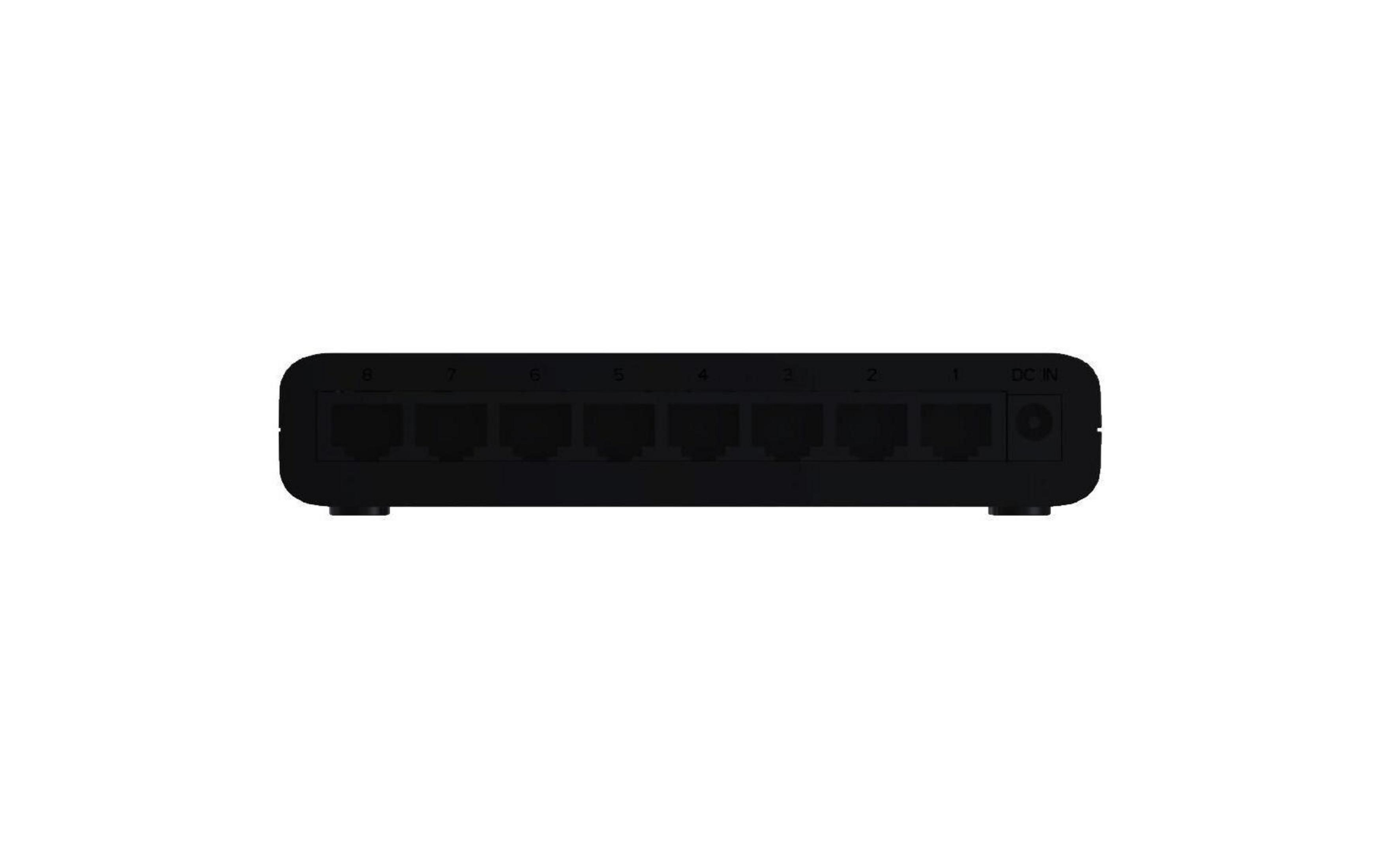 Schwarzer 8-Port-Netzwerk-Switch mit nummerierten Anschlüssen und DC-IN-Anschluss.