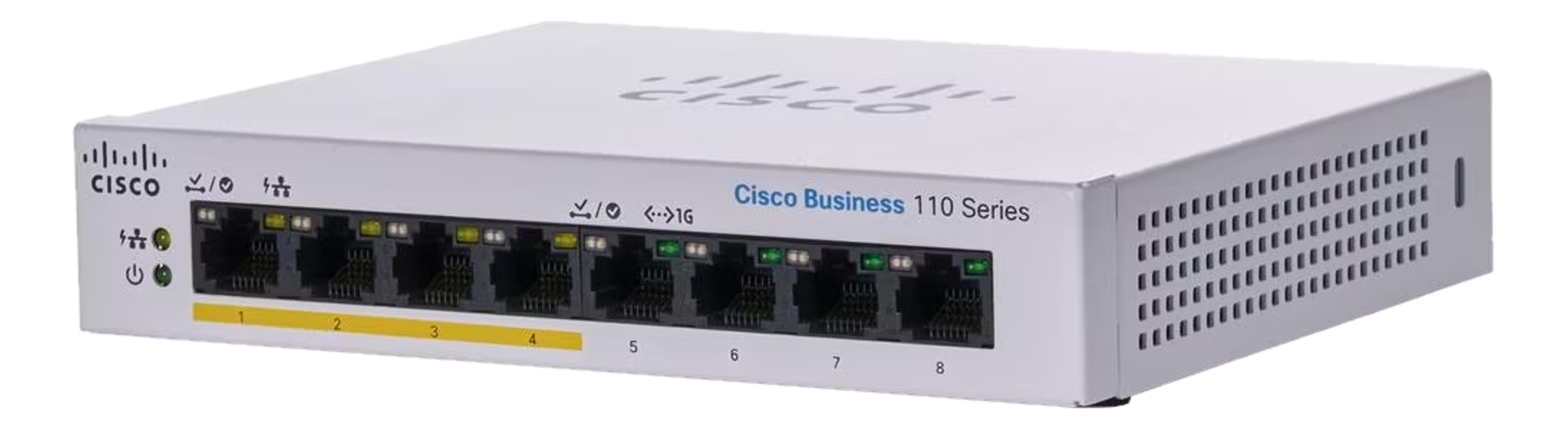 Biały przełącznik sieciowy Cisco Business 110 Series z 8 portami.