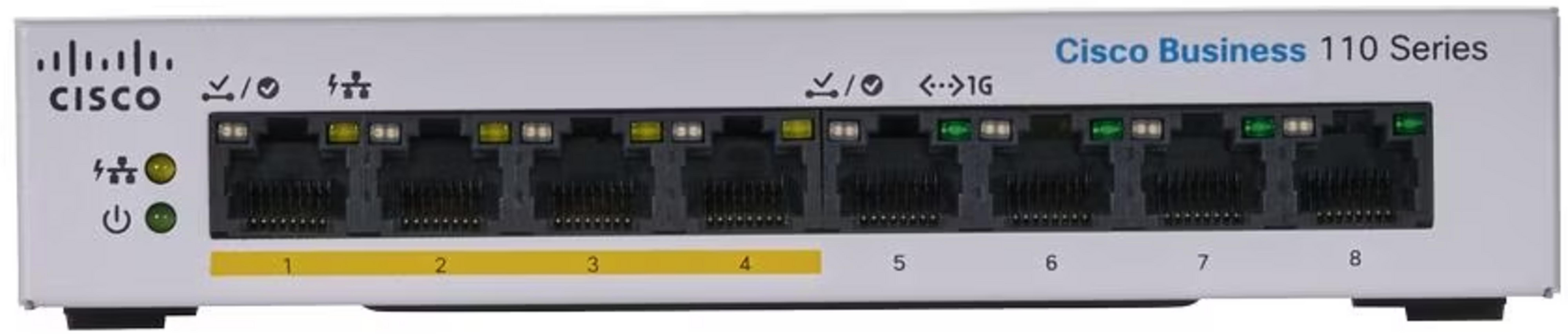 Switch Cisco Business Serii 110 z 8 portami i diodami statusu.