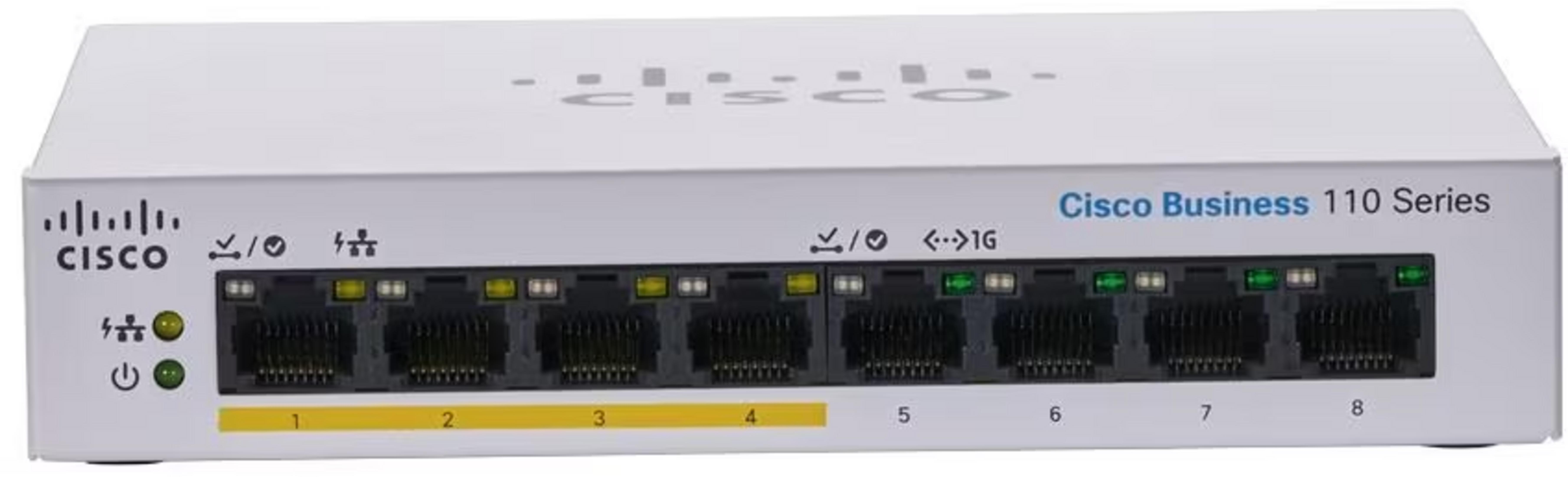 Biały przełącznik Cisco Business 110 Series z 8 portami.