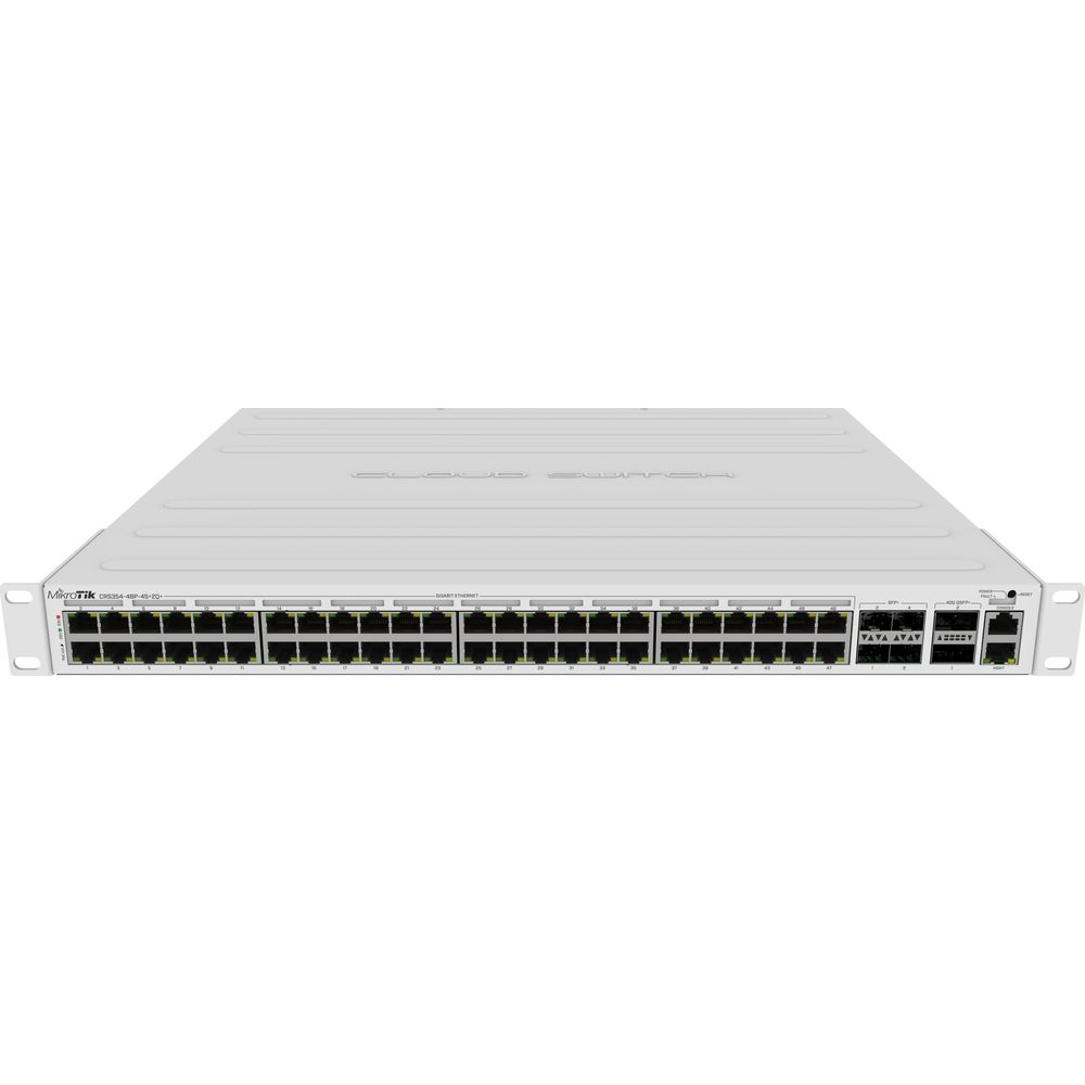 Ein weißes Cloud-Switch-Gerät mit vielen Ethernet-Anschlüssen und LEDs.
