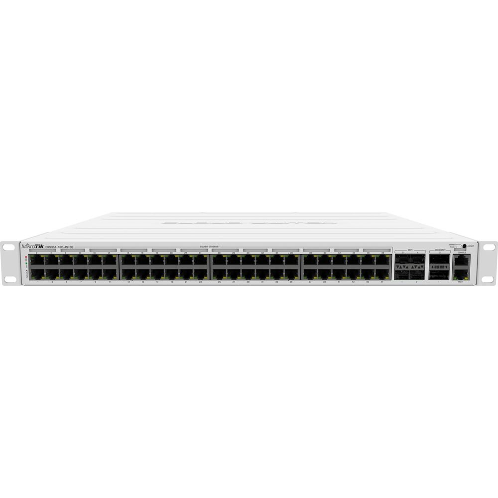 Ein weißer Netzwerk-Switch mit vielen Ethernet-Ports und einigen SFP-Ports.