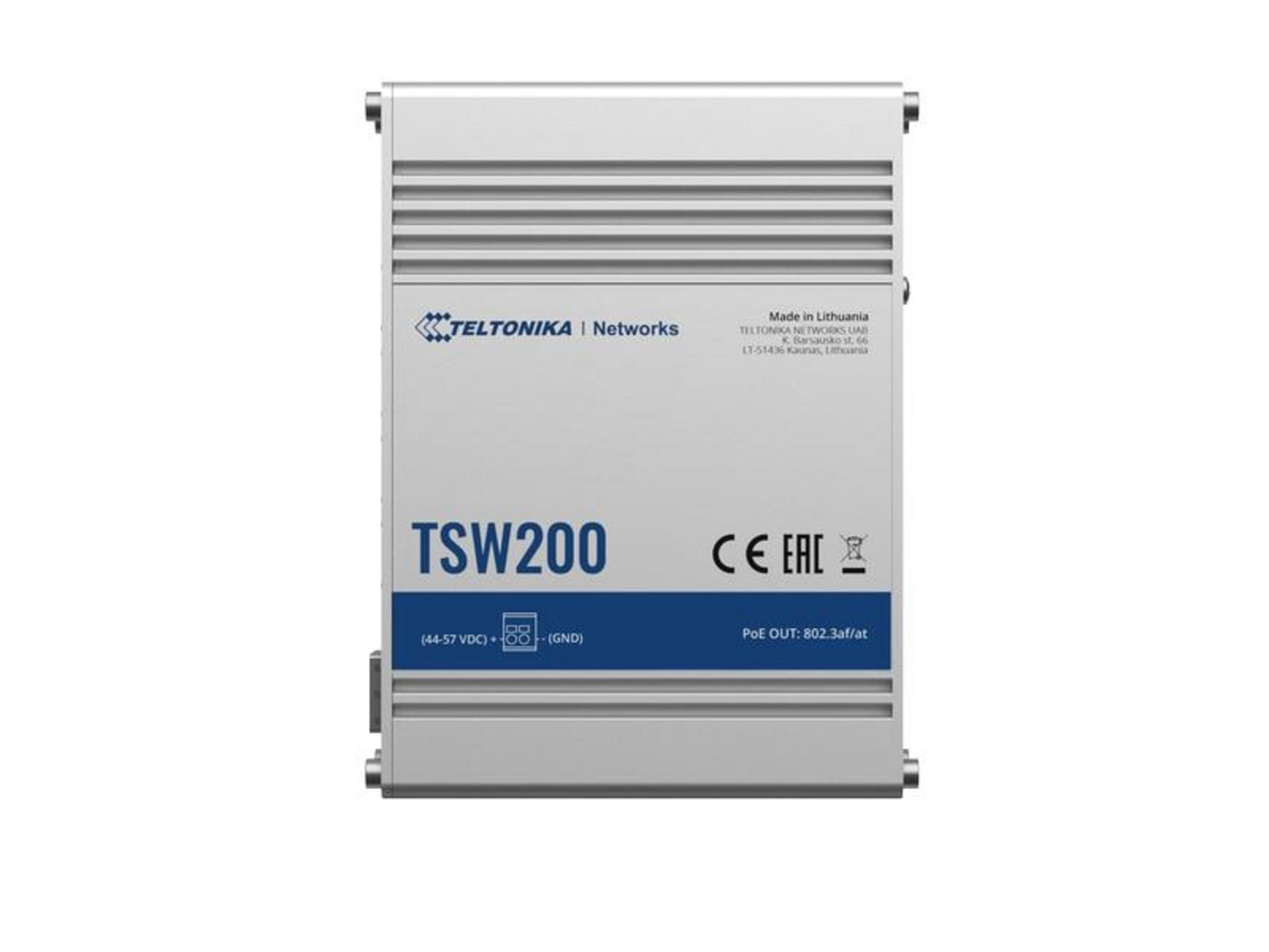 Szare urządzenie Teltonika TSW200 PoE z etykietami.