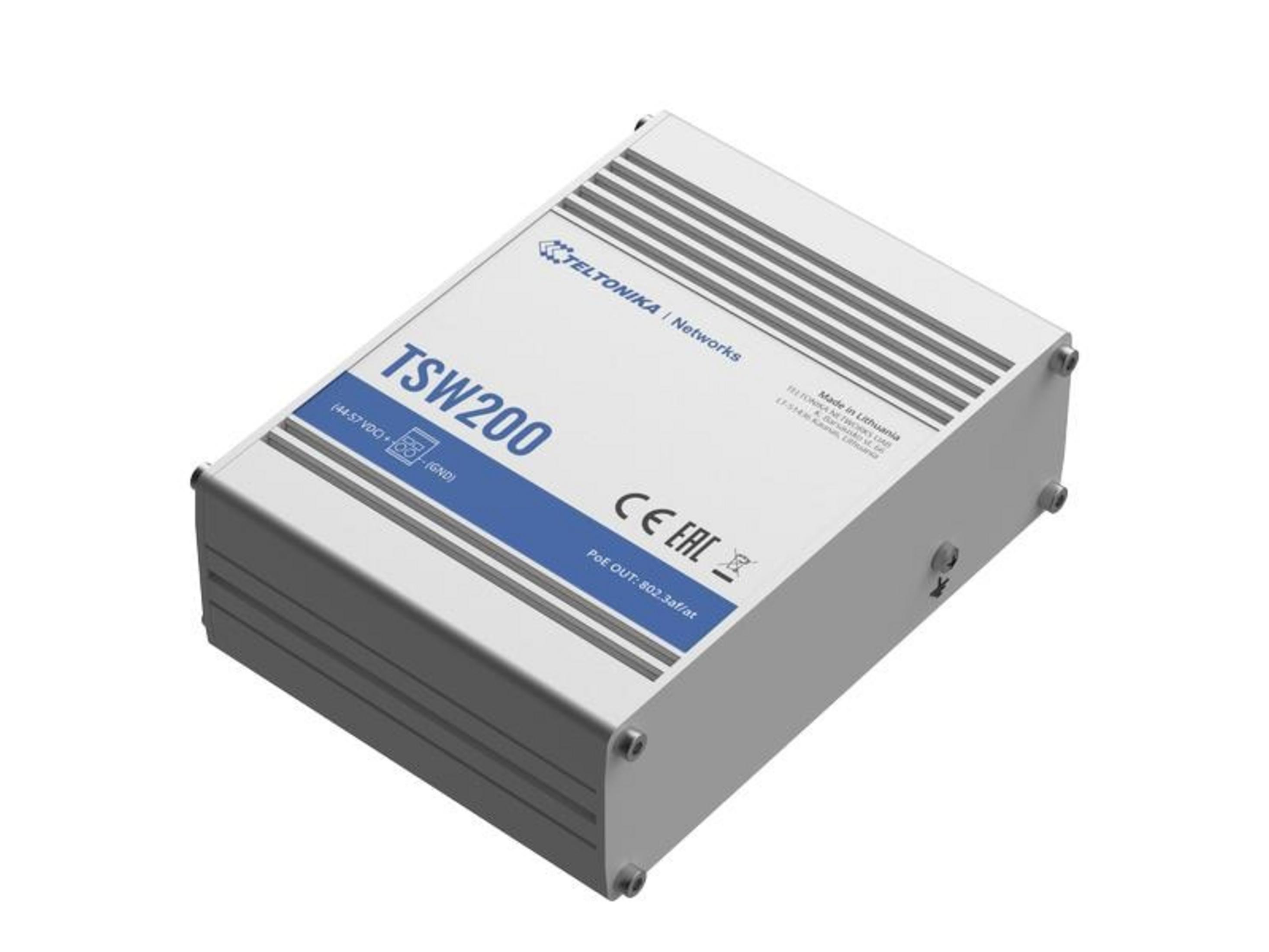 Biały przełącznik sieciowy Teltonika TSW200 z niebieskimi oznaczeniami.
