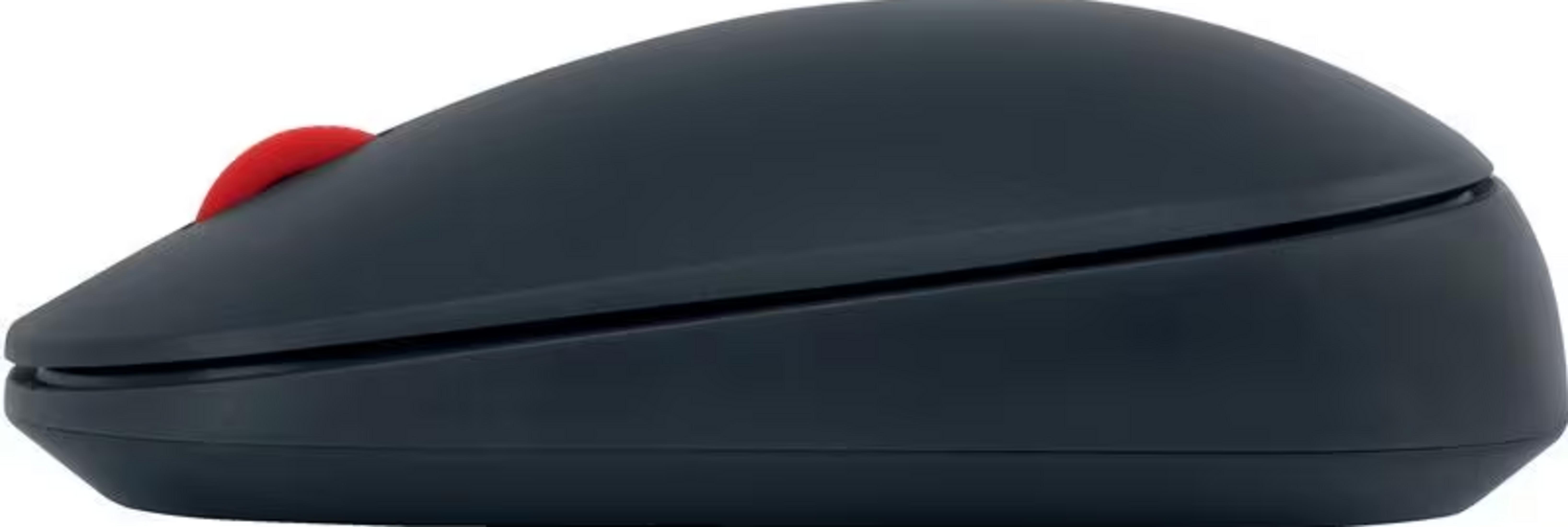 Ciemna mysz komputerowa z czerwonym kółkiem przewijania na białym tle.