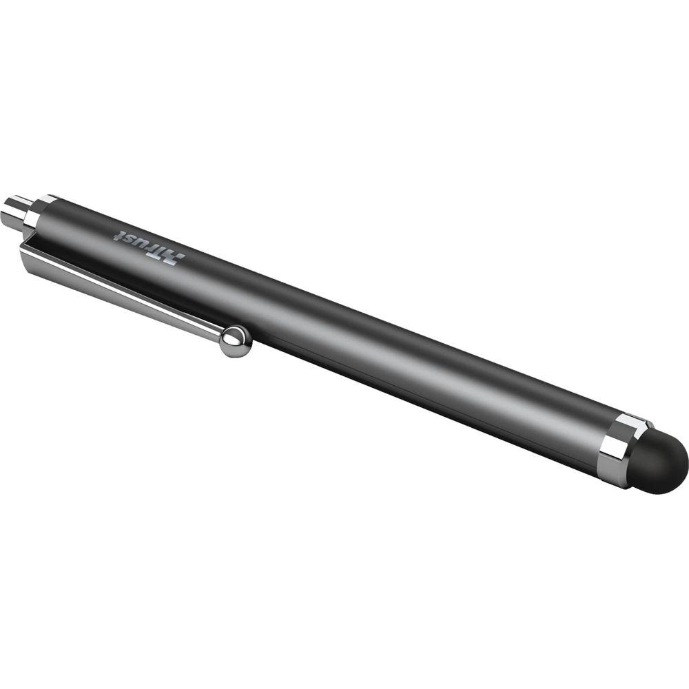 Ciemny, elegancki rysik z srebrnym klipsem i czarną gumową końcówką.