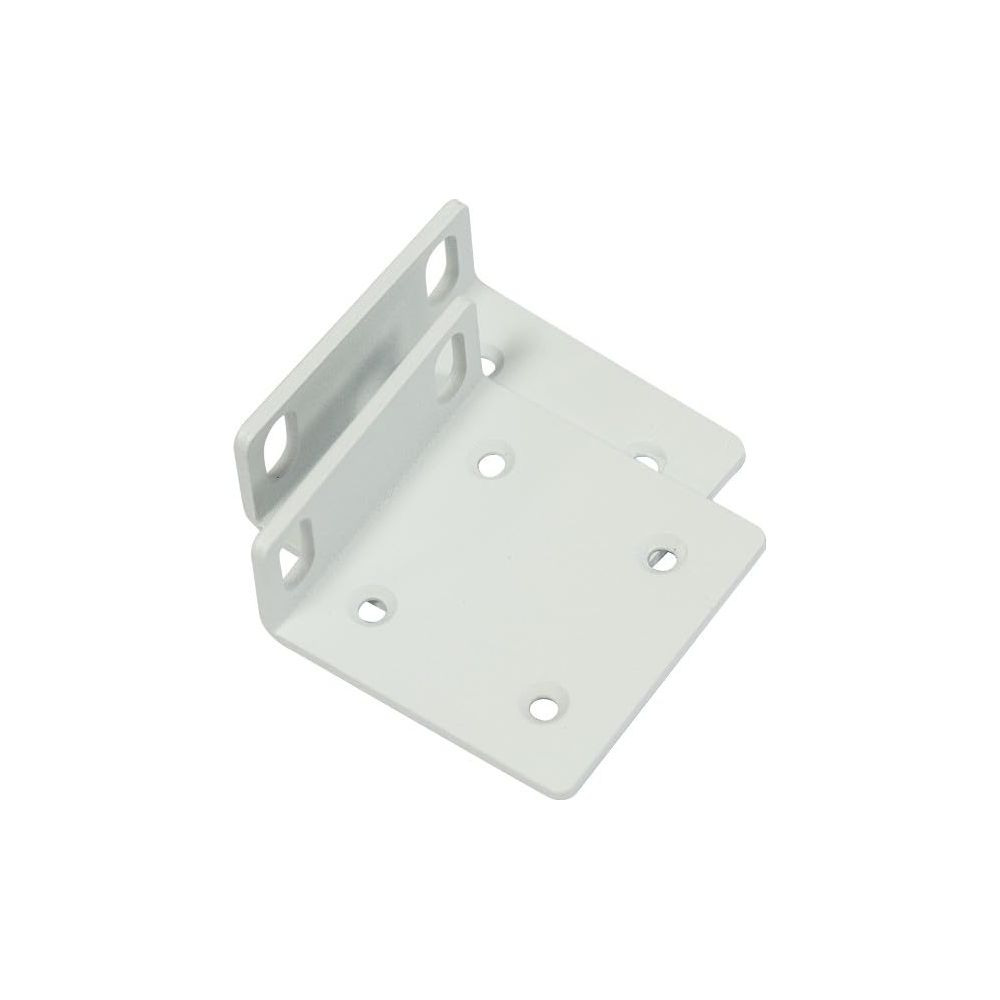 Dwa białe wsporniki narożne z otworami na śruby na białym tle.