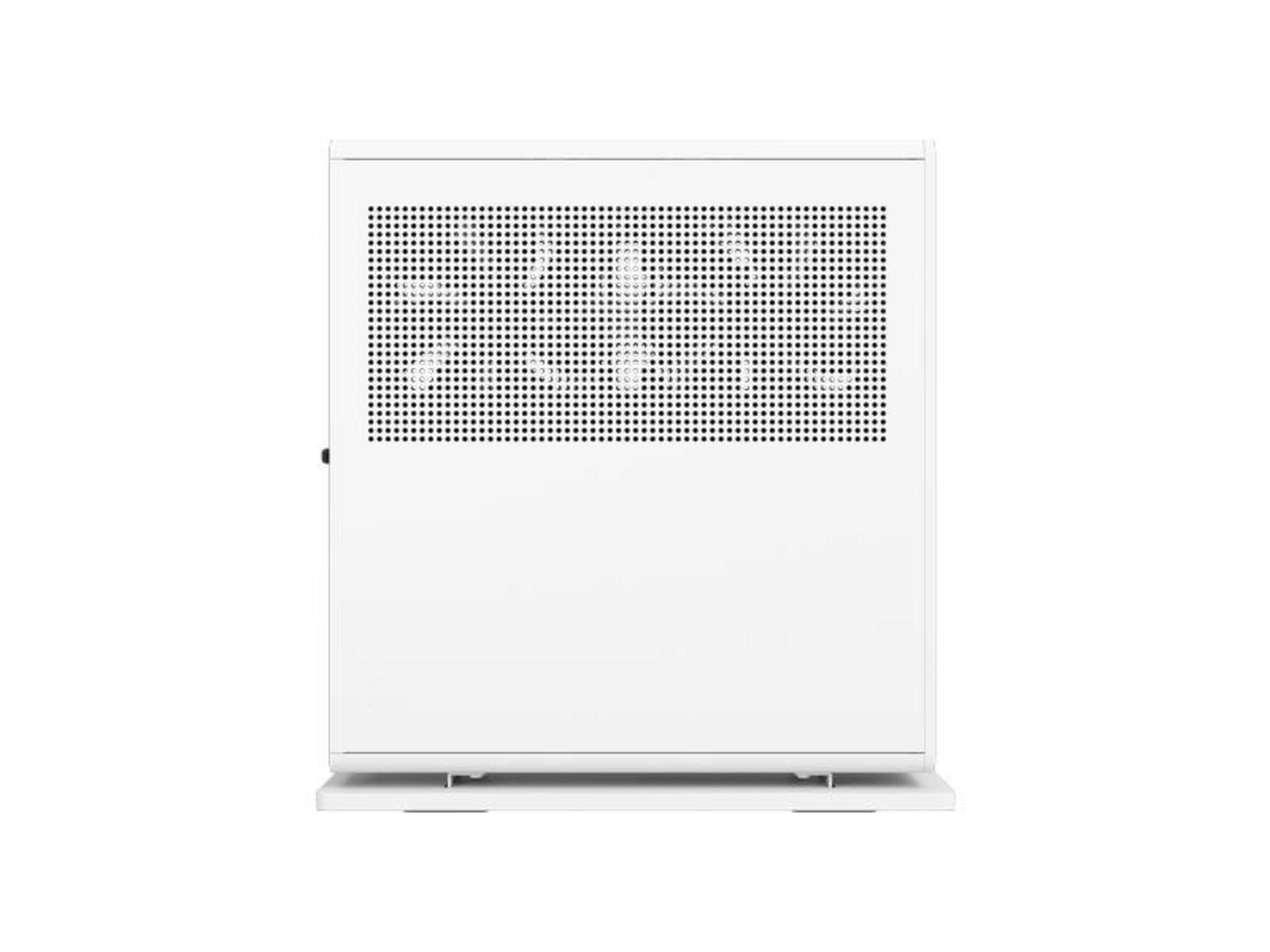 A white heater with a perforated top grille stands on a base.