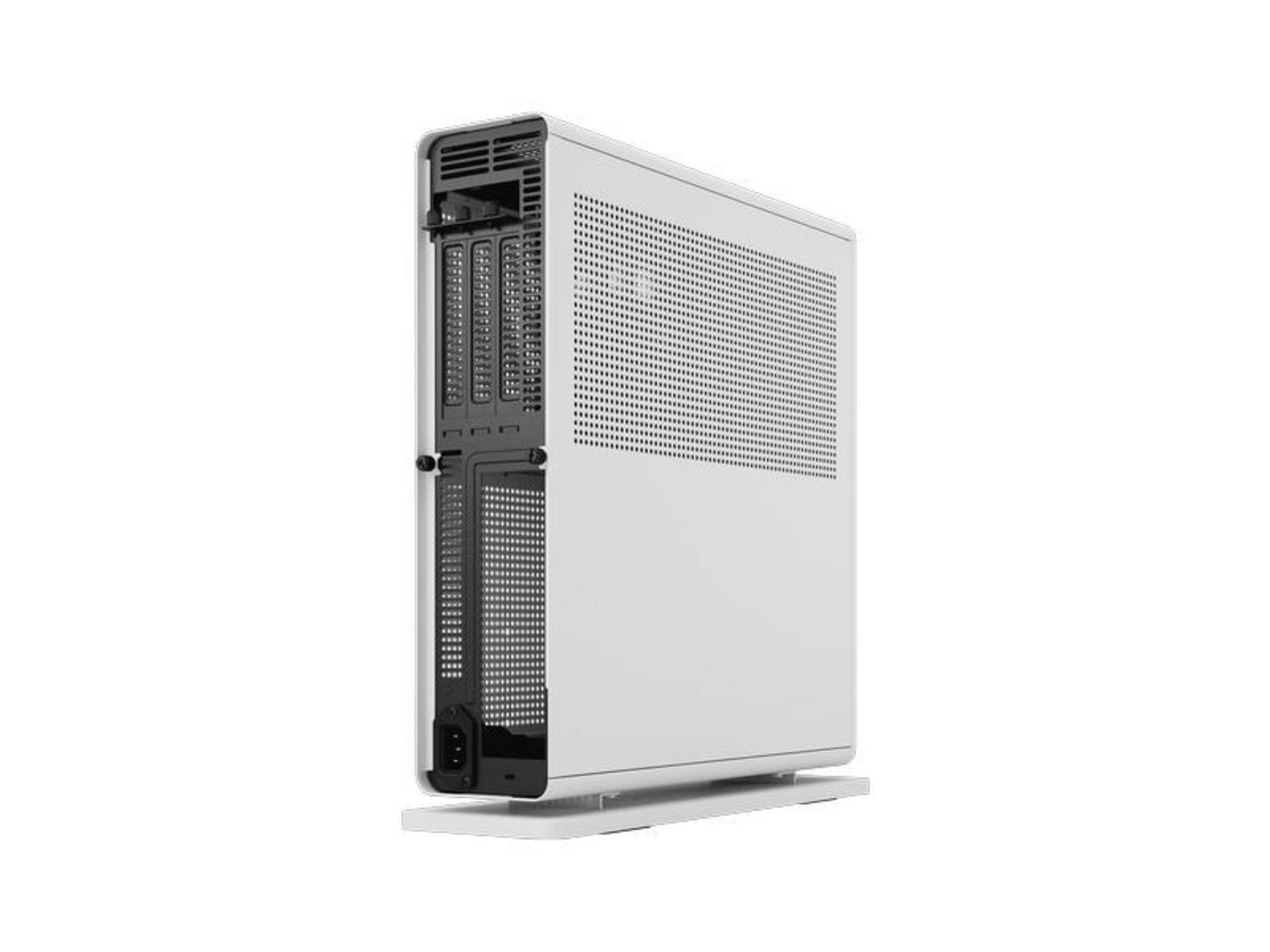 A slim, white computer case with ventilation slots and ports.