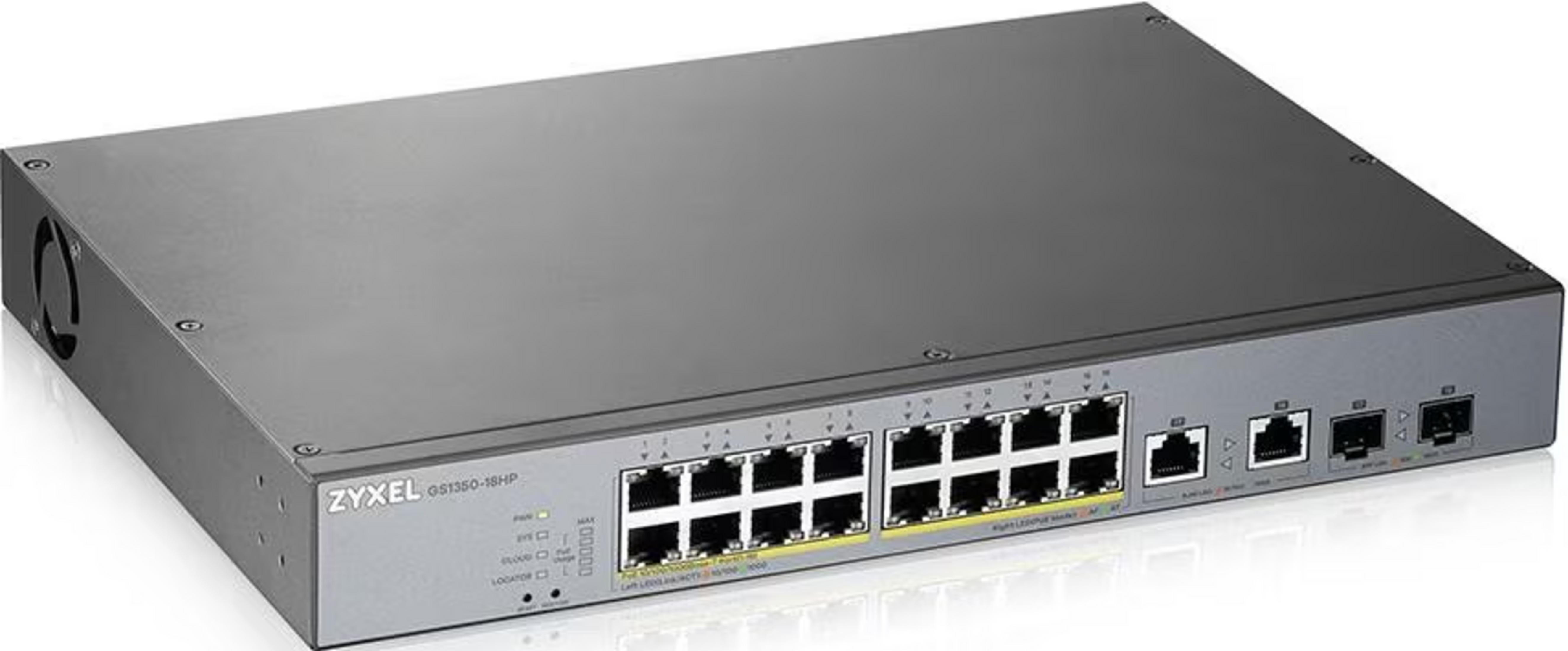 Ein grauer Netzwerk-Switch mit vielen Anschlüssen und LEDs auf der Vorderseite.