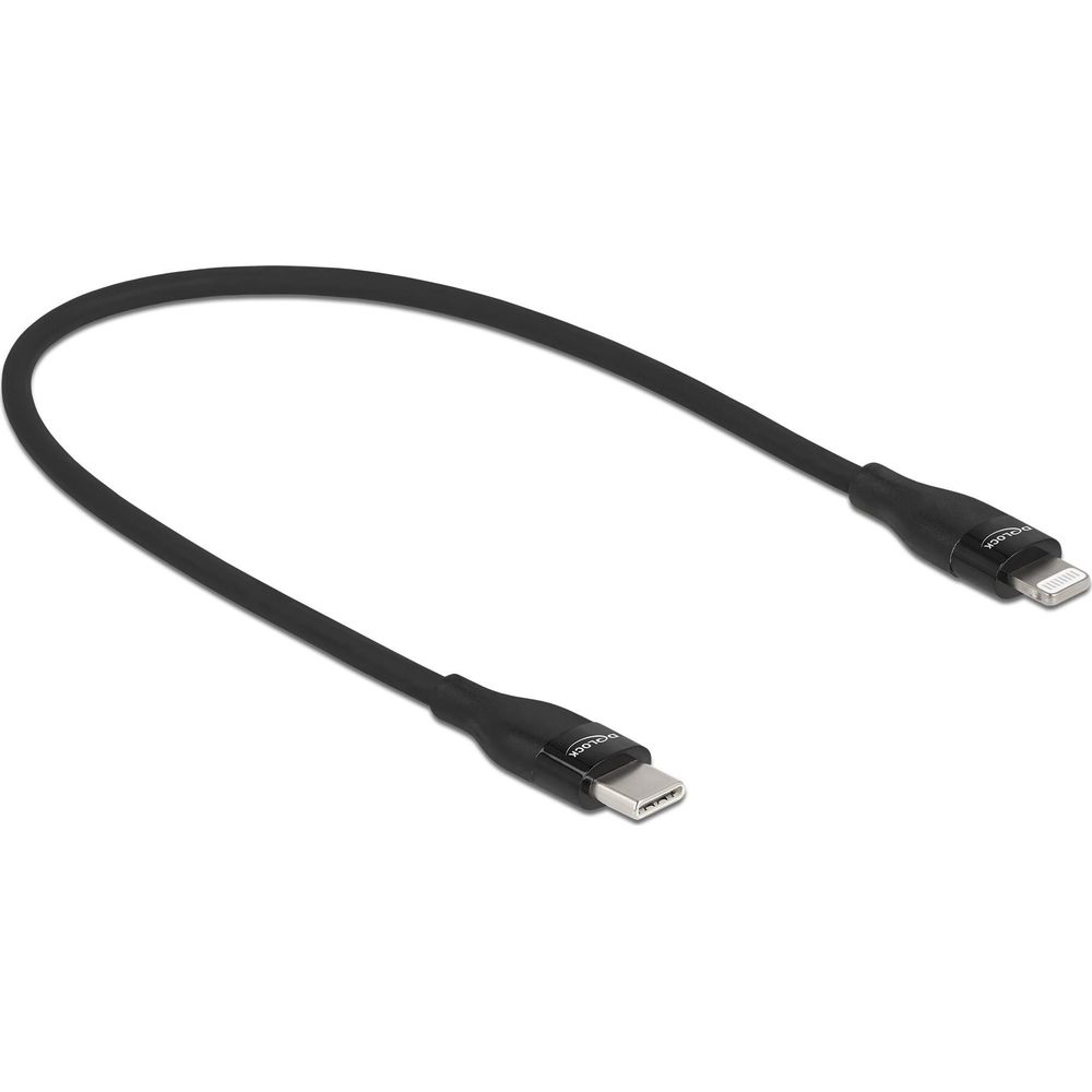 Cavo nero da USB-C a Lightning, isolato su sfondo bianco.