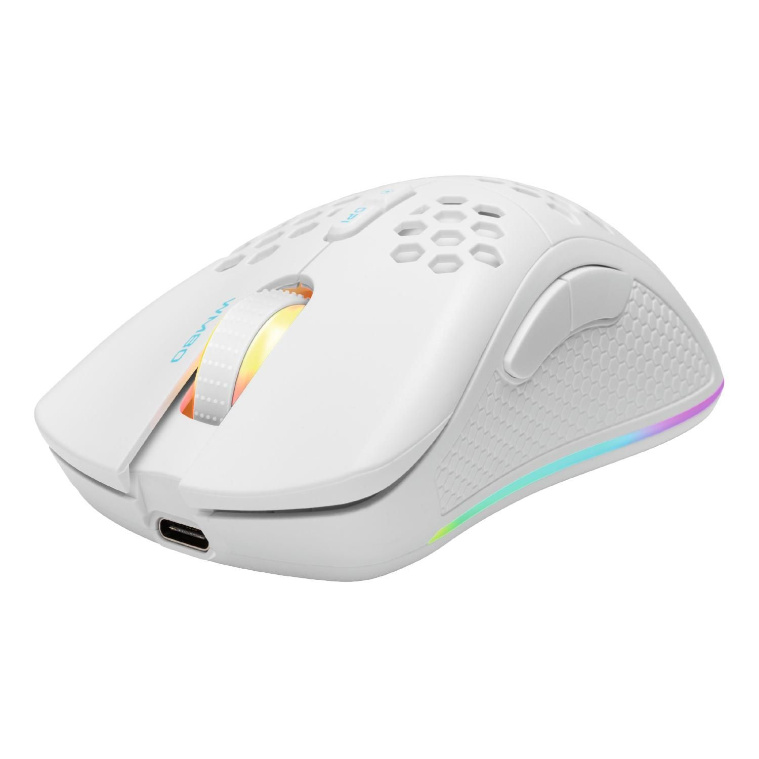 Biała mysz gamingowa z podświetleniem RGB i portem USB-C.