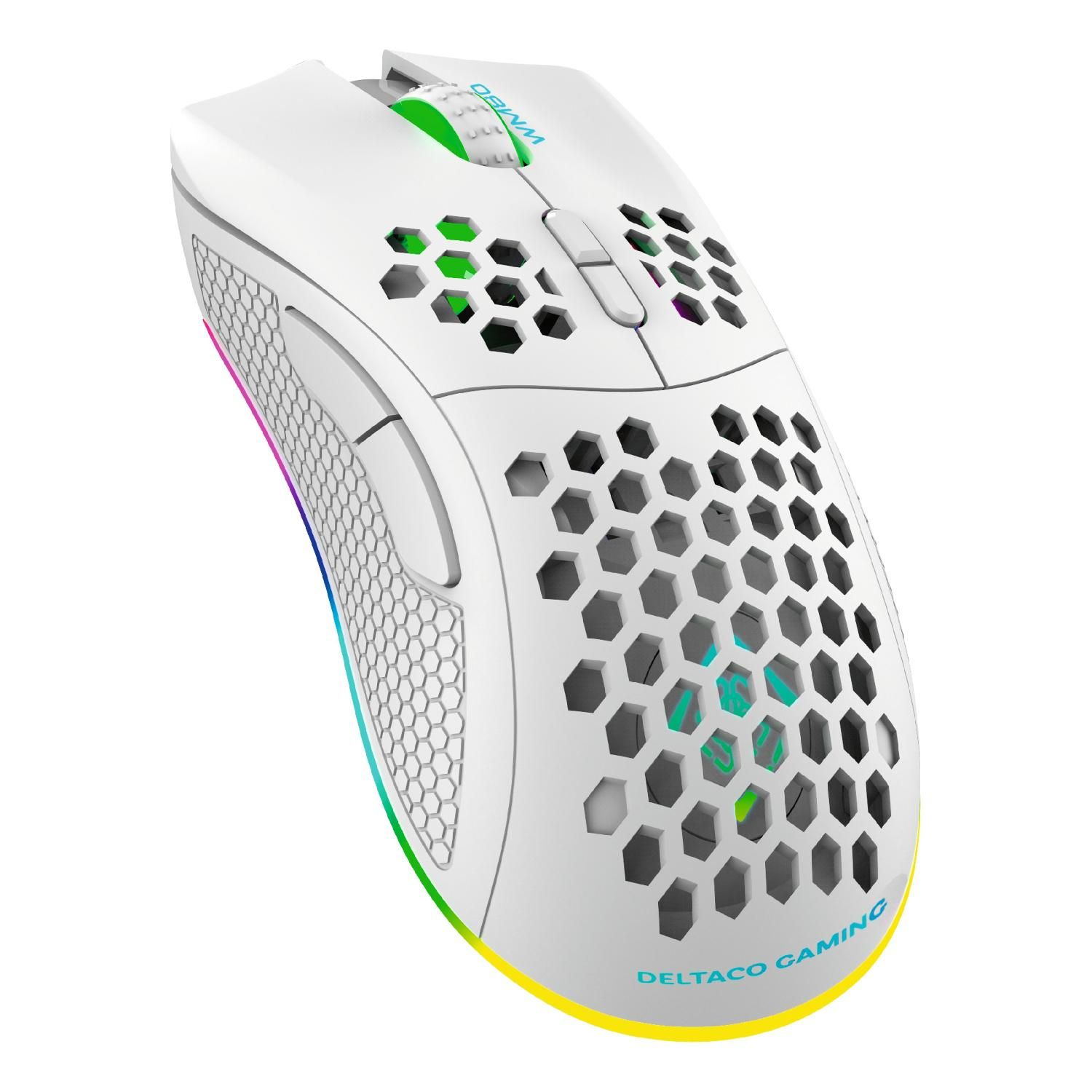 Biała mysz gamingowa z motywem plastra miodu i oświetleniem RGB.