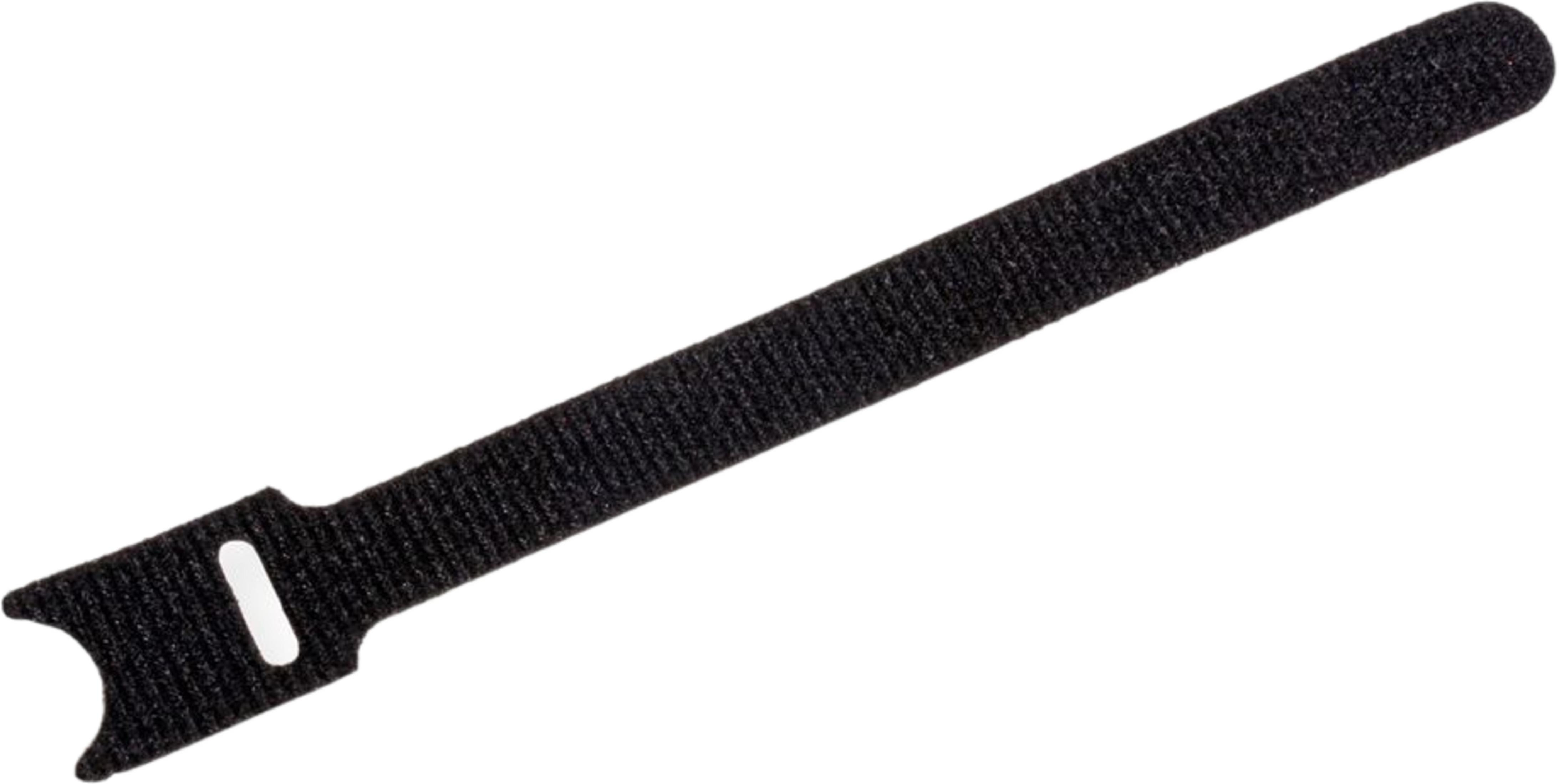 Cinghia in velcro nera con anello e foro su sfondo bianco.