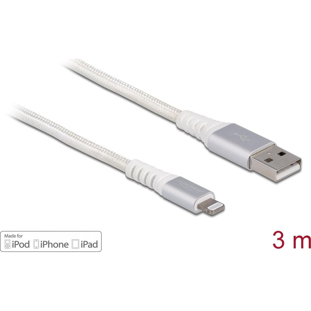 Un cable Lightning a USB blanco de 3 metros con conectores plateados.