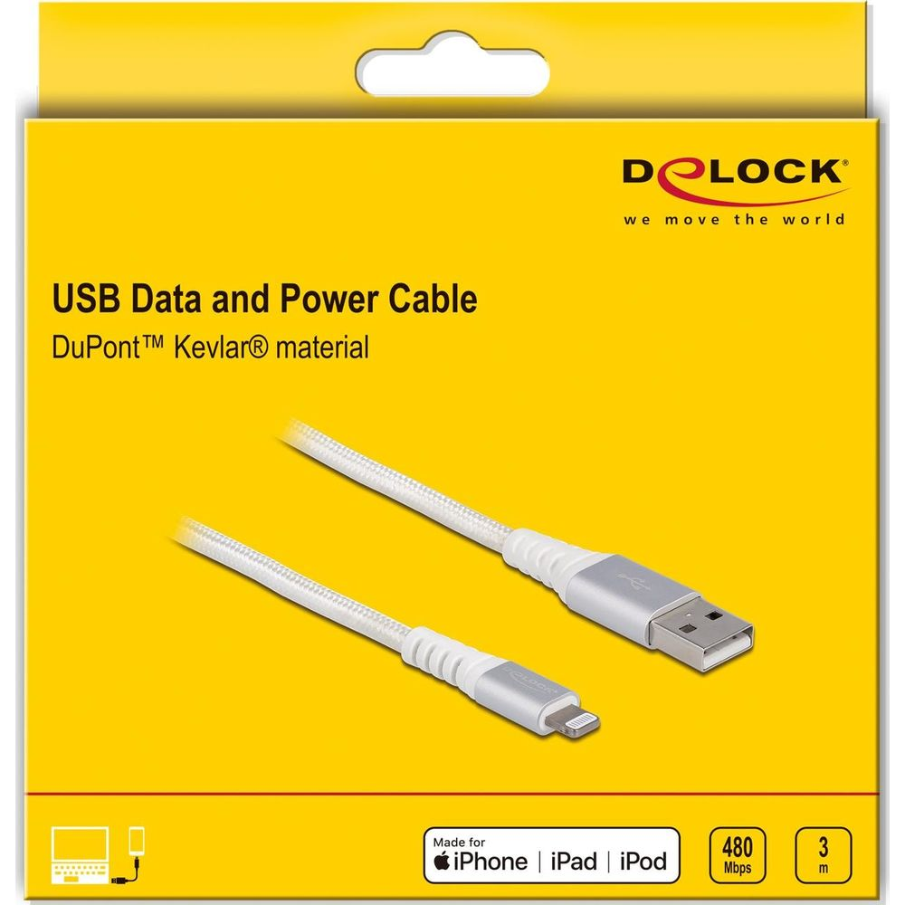Embalaje amarillo para un cable blanco de datos y alimentación USB con conectores plateados.