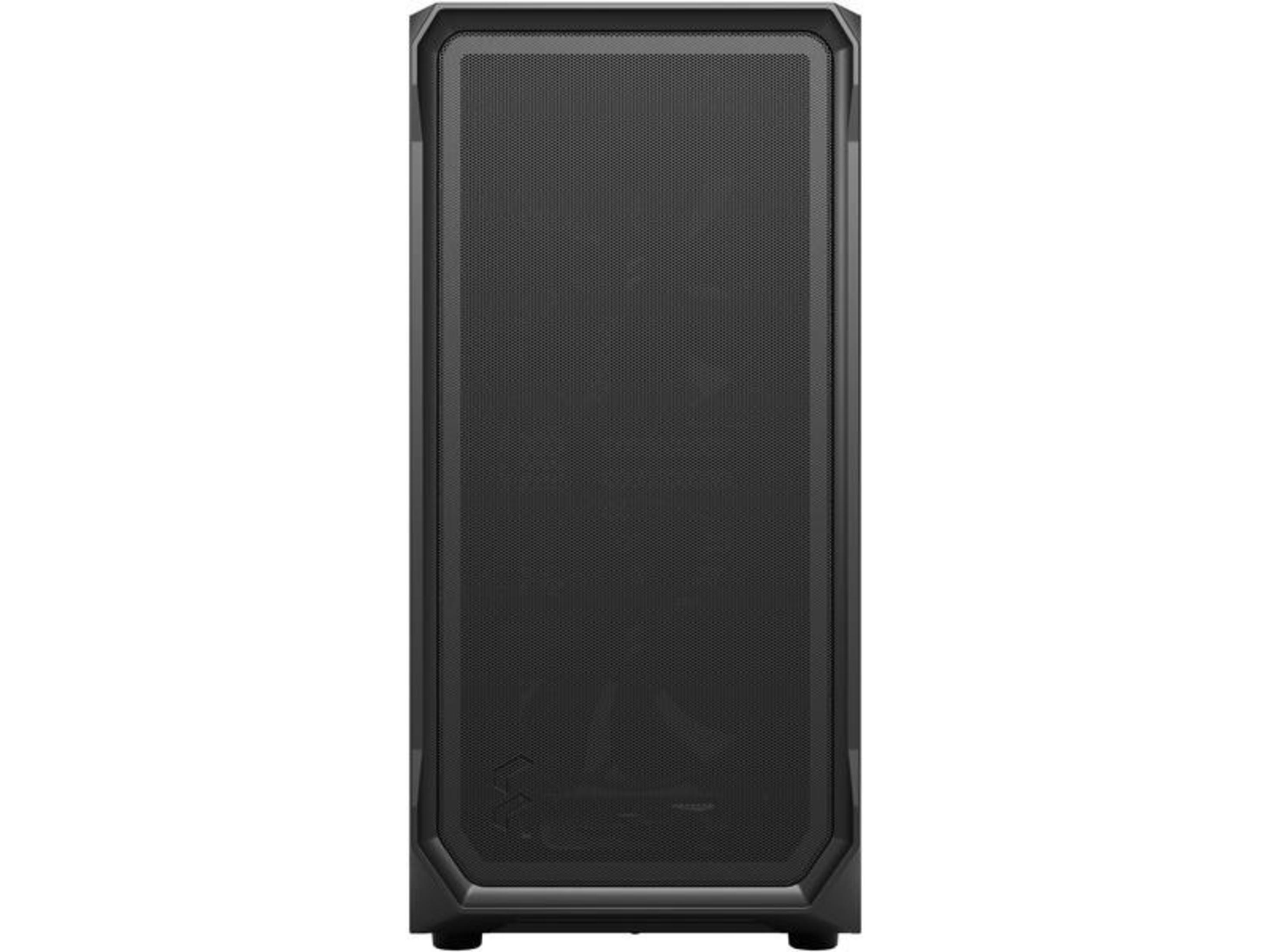 Black PC case with a perforated front panel and a subtle logo at the bottom.