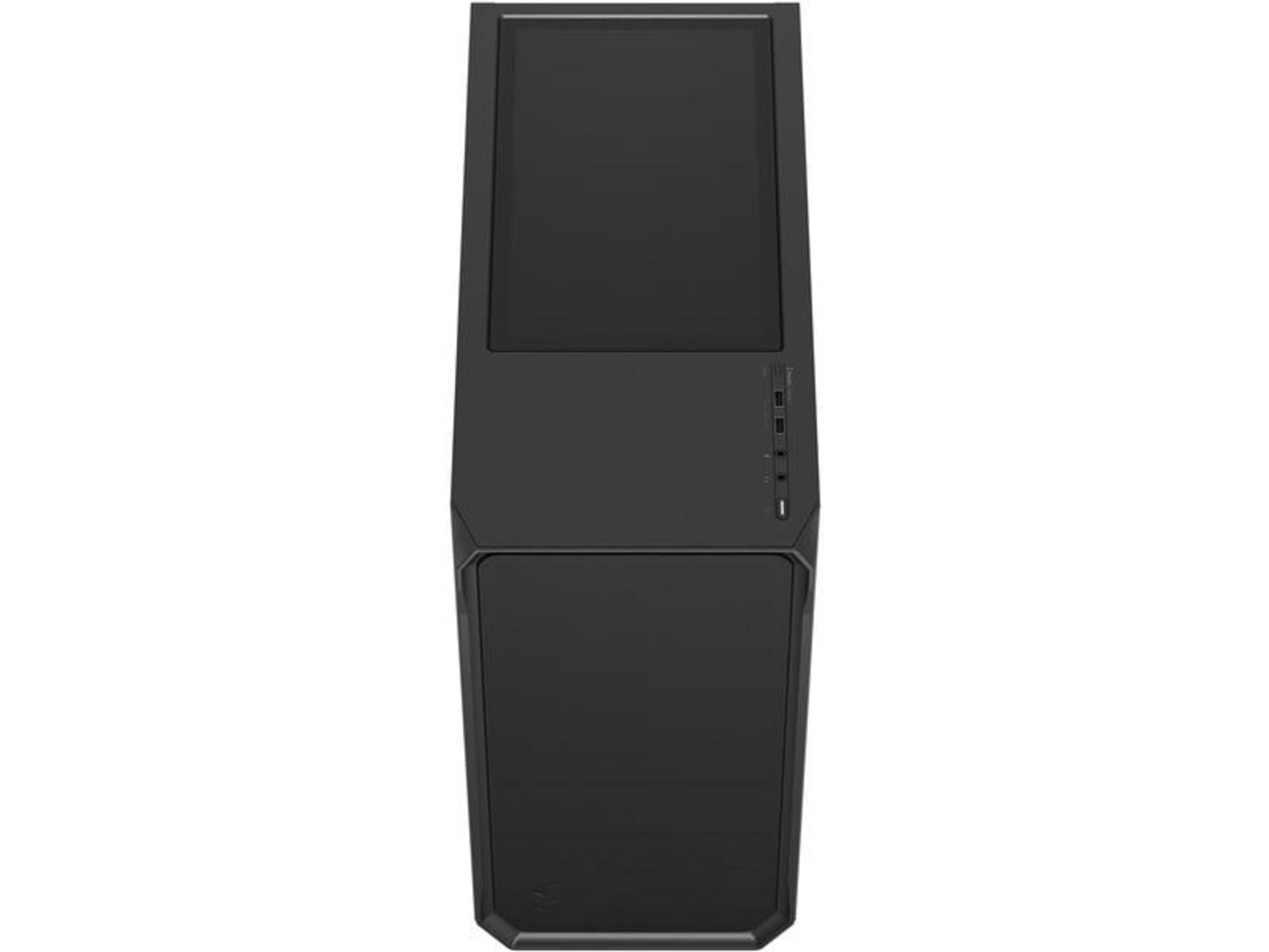 A black computer tower with ventilation slots and side ports. Minimalist design.