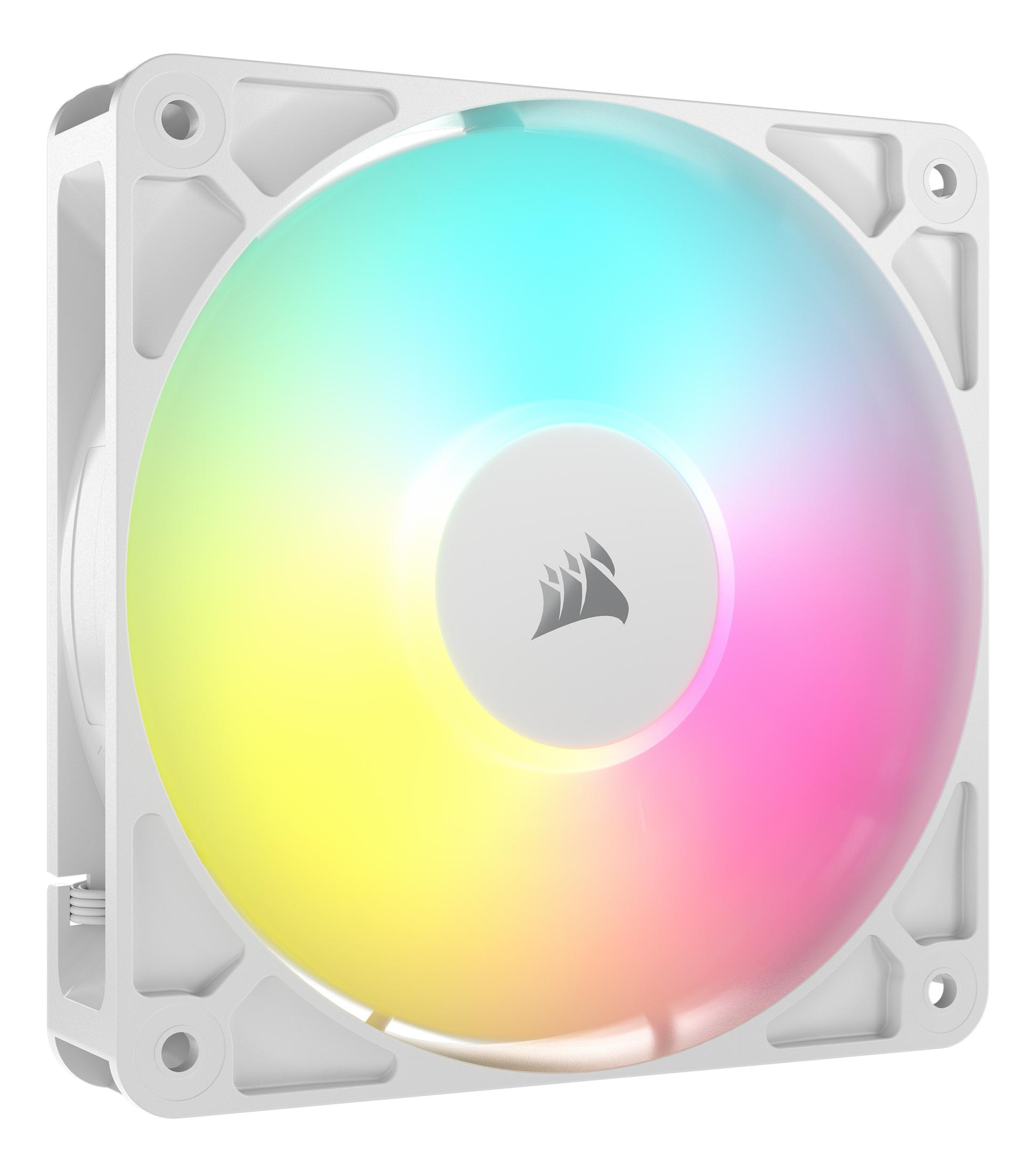 Biały wentylator komputerowy z oświetleniem RGB, przechodzący od niebieskiego przez żółty do różowego.