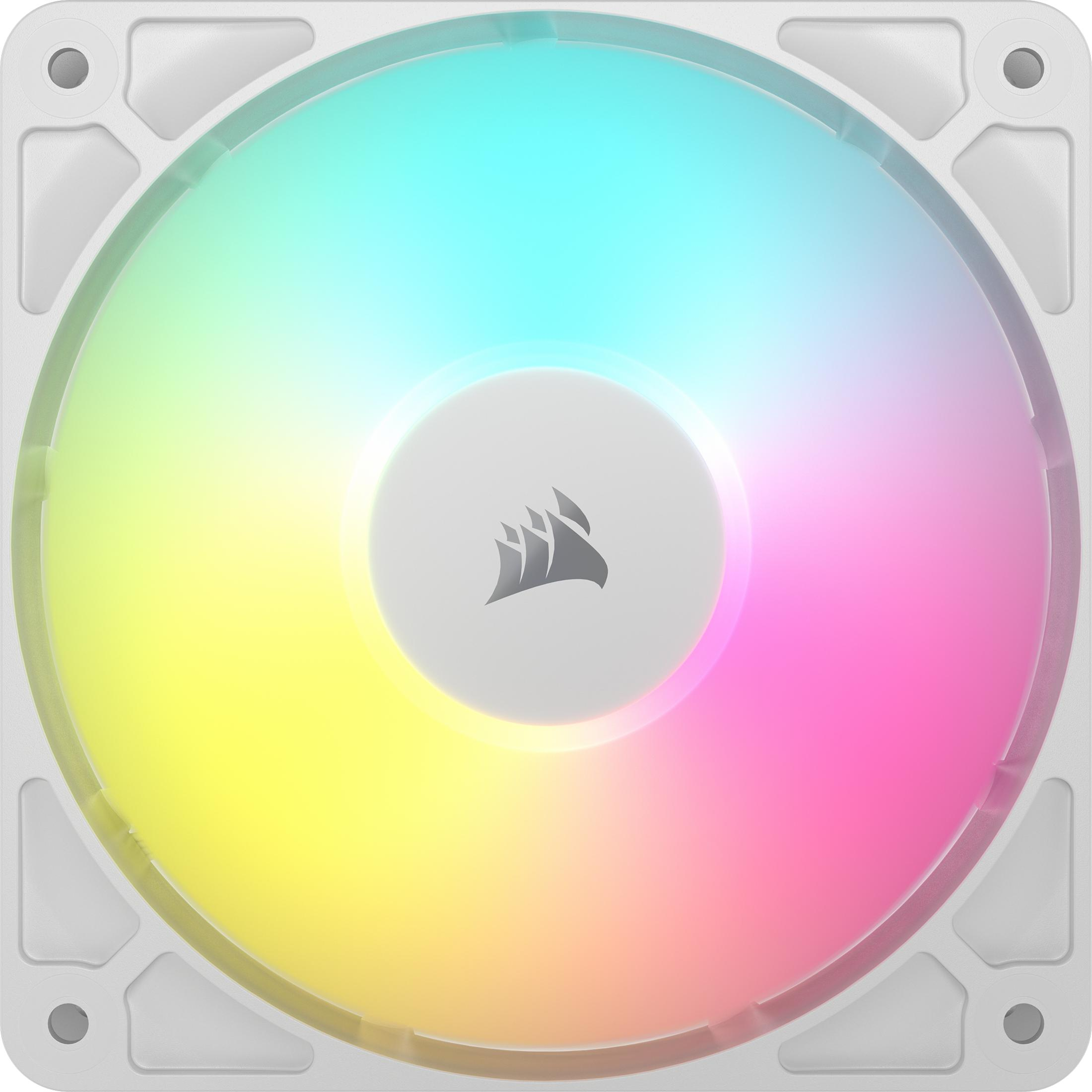 Biały wentylator komputerowy z oświetleniem RGB w odcieniach niebieskiego, zielonego i żółtego.