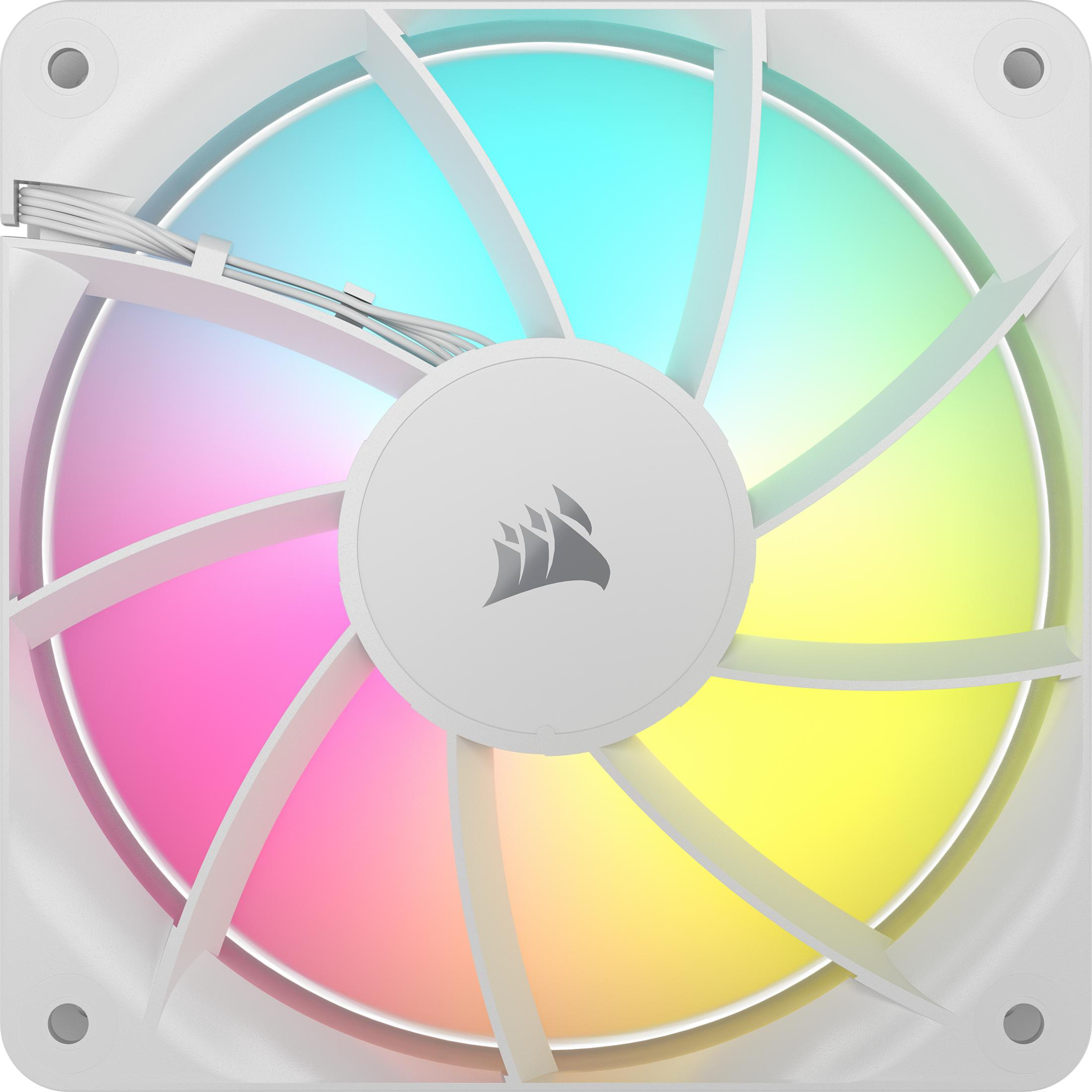 Un ventilateur blanc avec des LED colorées, du bleu clair au rose.