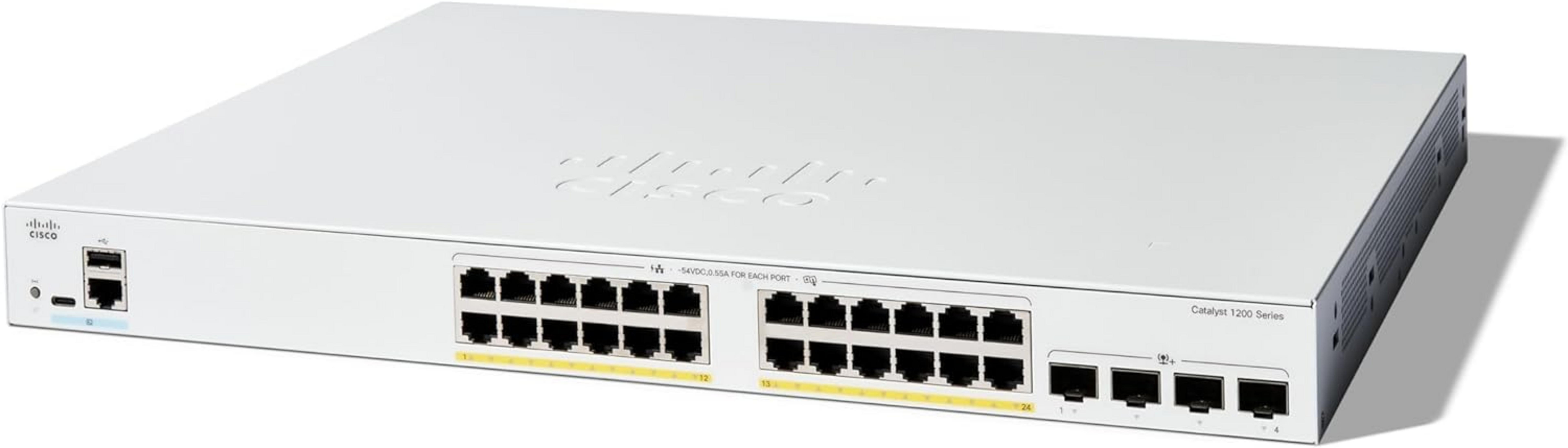 Biały przełącznik Cisco Catalyst serii 1200 z wieloma portami Ethernet.