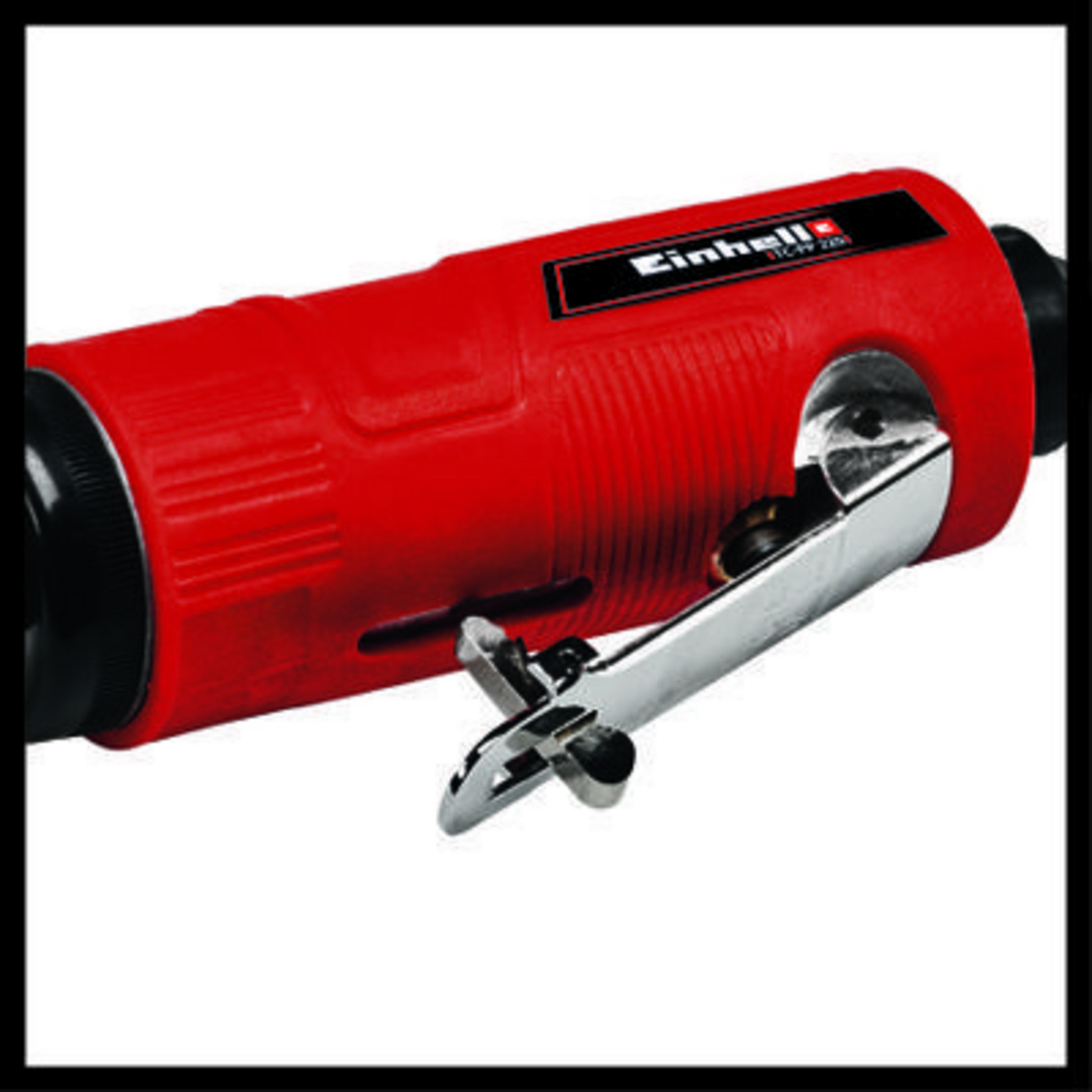 Rood gereedschap met zilveren hendel en zwarte handgreep.