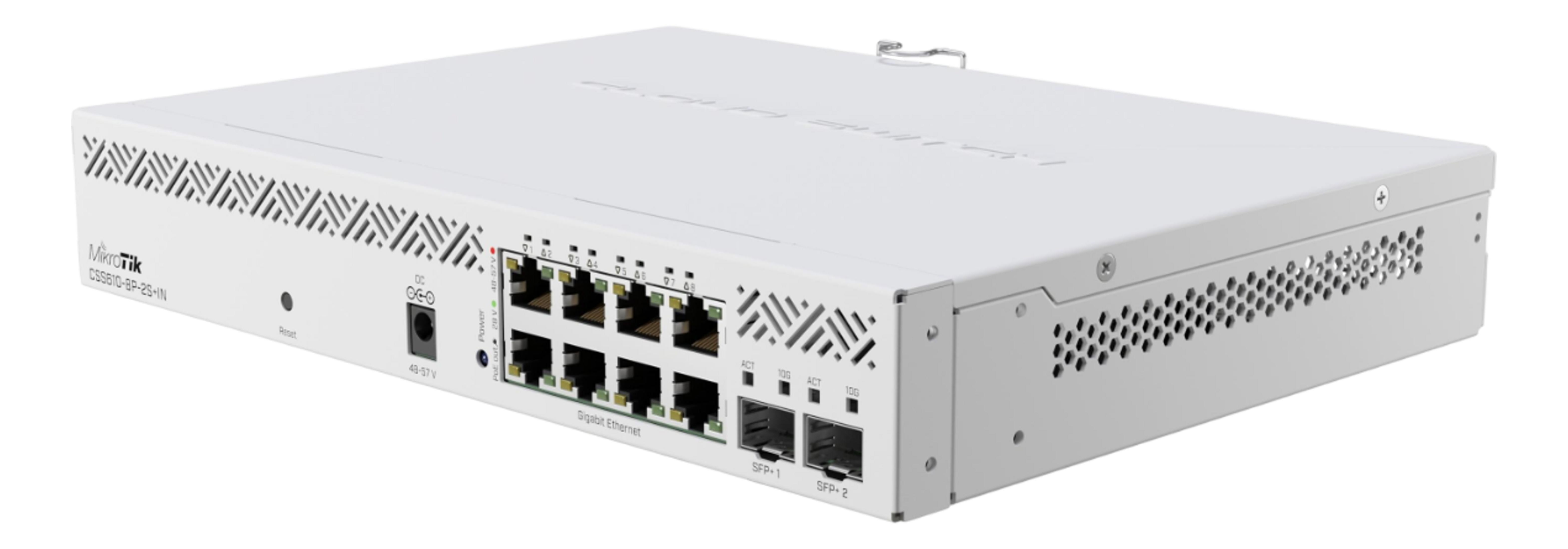 Biały przełącznik sieciowy MikroTik CSS610-8P-2S-IN z portami.