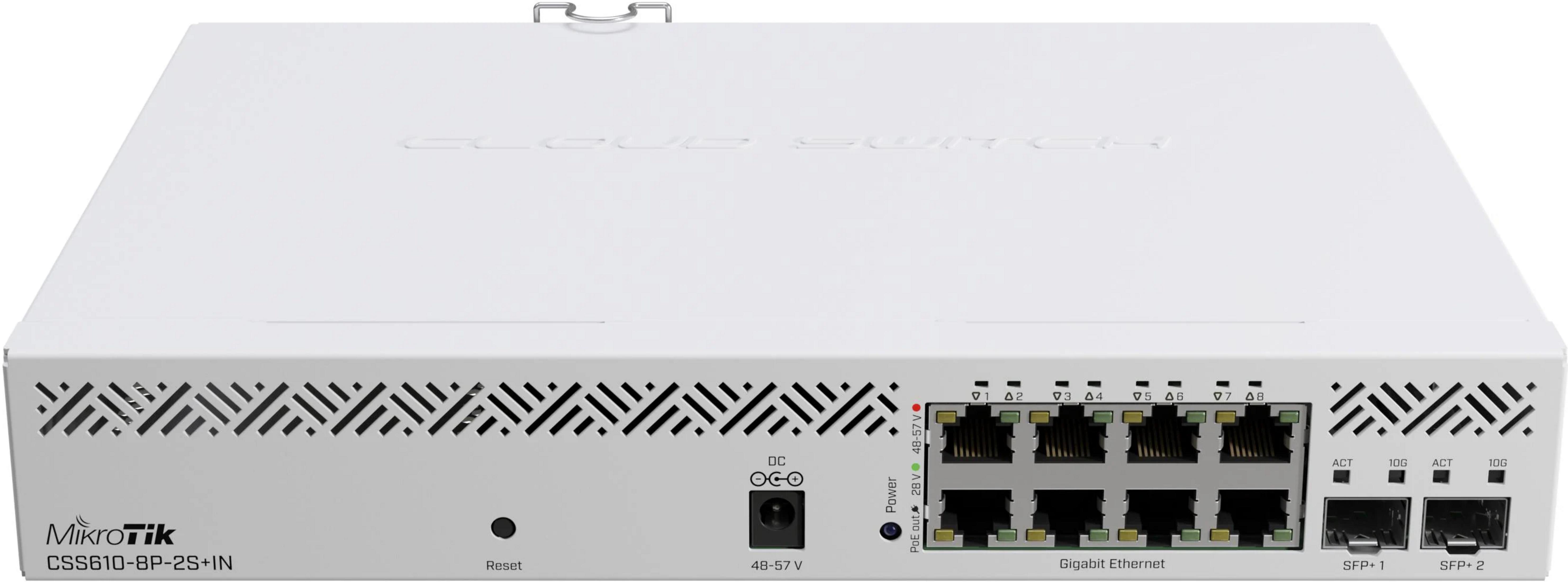 Biały przełącznik sieciowy z 8 portami Gigabit Ethernet i 2 portami SFP+.