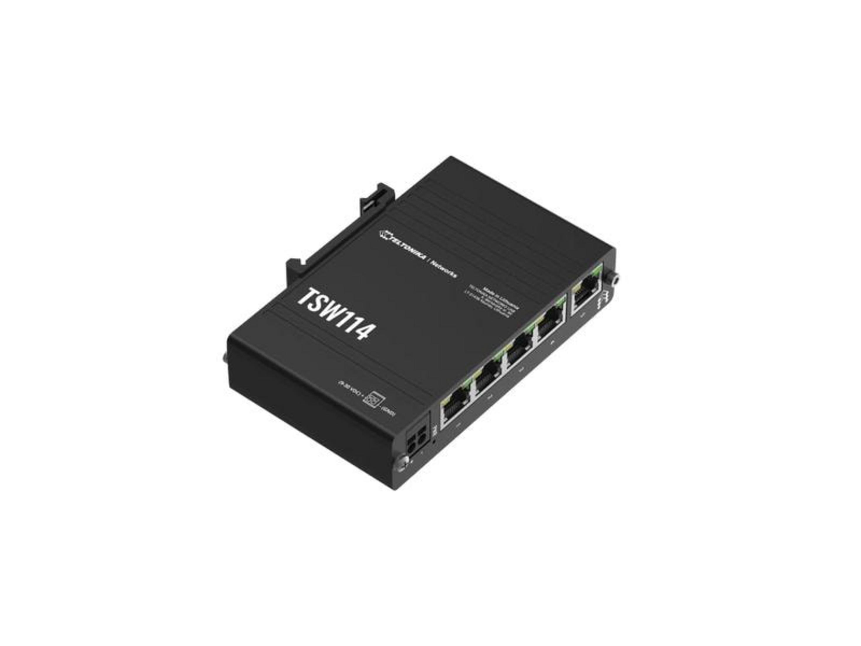Czarny przełącznik sieciowy z pięcioma portami Ethernet, oznaczony TSW114.