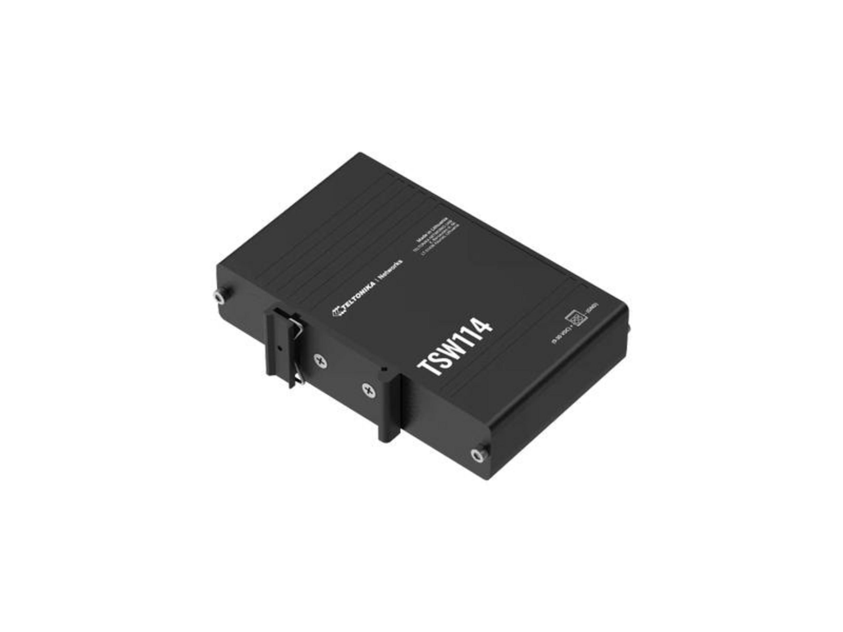Czarne urządzenie Teltonika Networks TSW114 z uchwytami montażowymi.