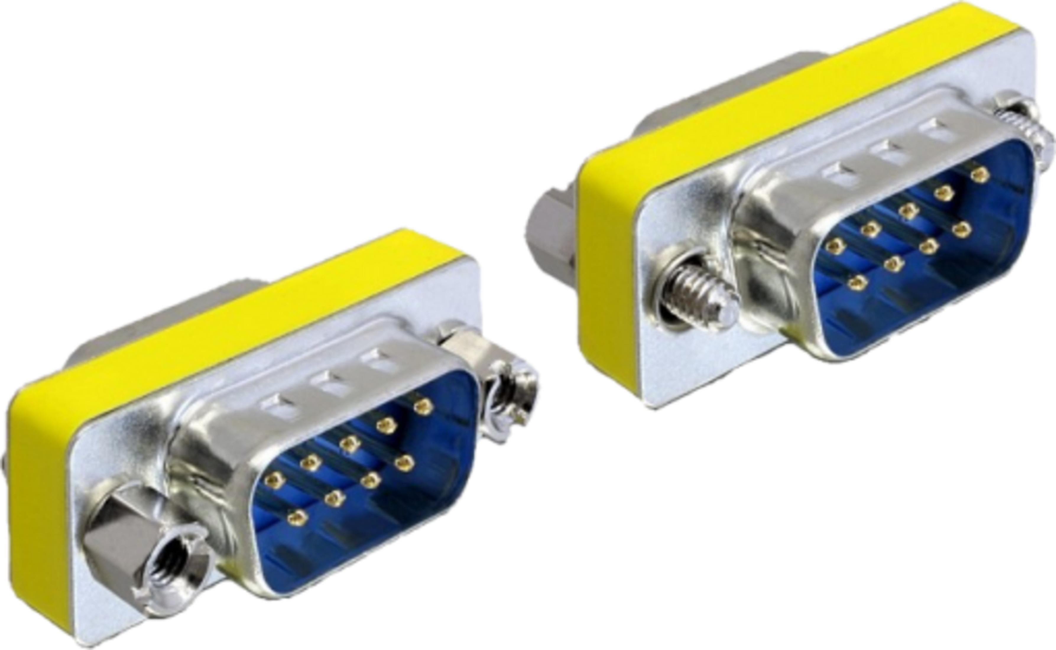Due connettori VGA gialli con inserti blu e pin dorati.