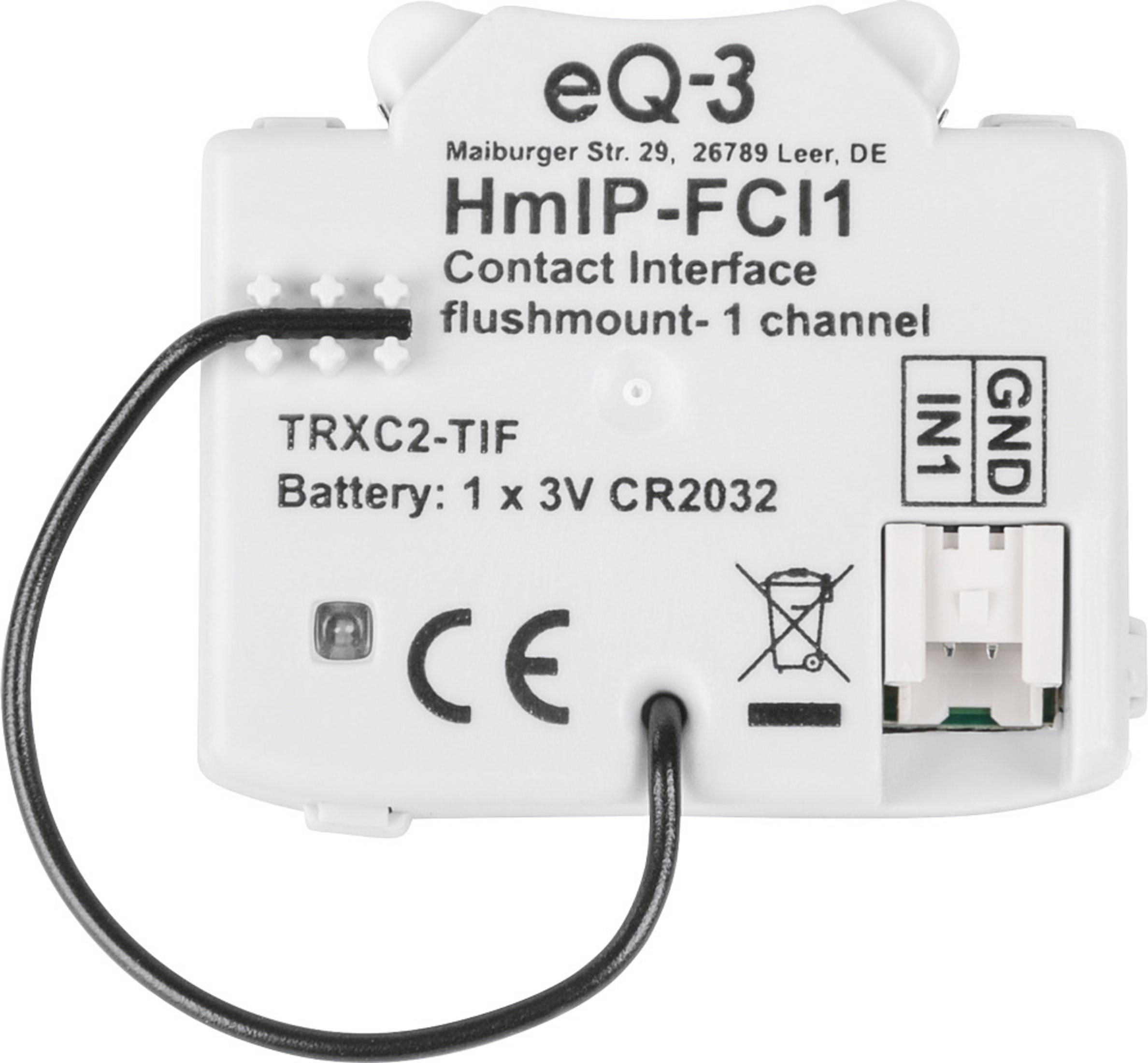 Ein weißes eQ-3 HmlP-FCI1 Kontaktinterface mit schwarzem Kabel und Anschlüssen.