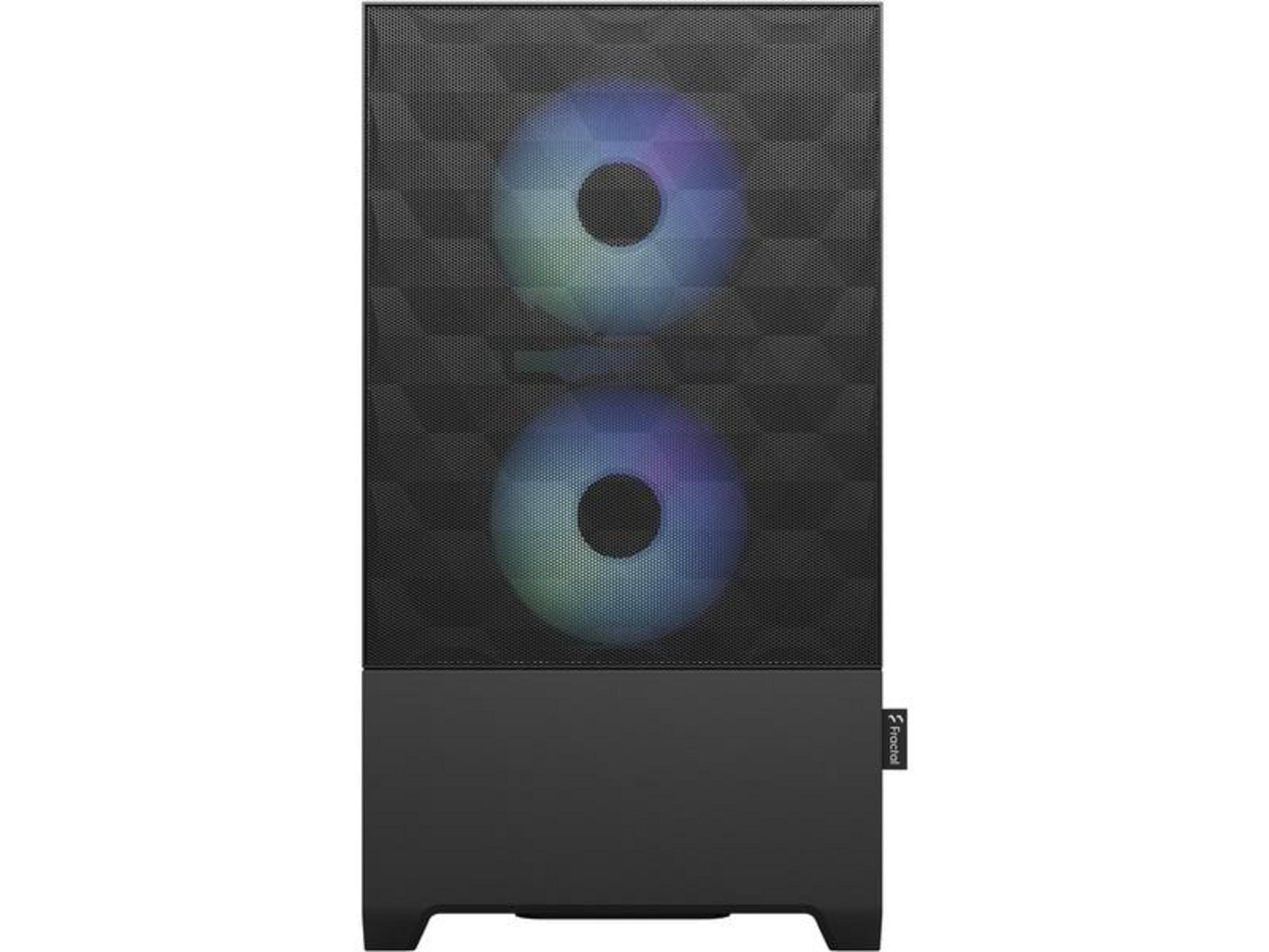 Schwarzes PC-Gehäuse mit zwei RGB-Lüftern vorne und einem Fractal-Logo.