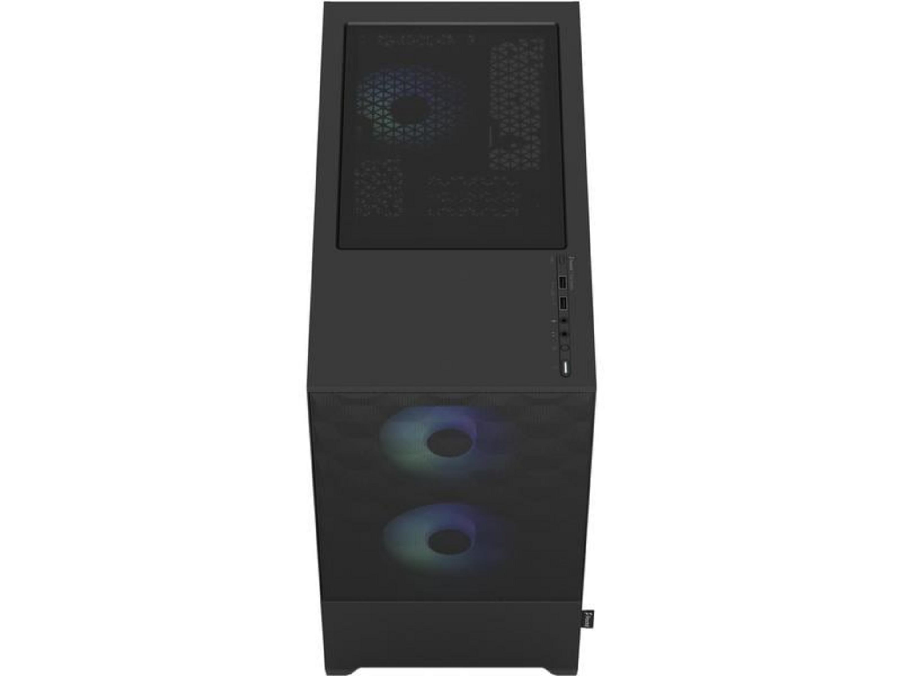 Schwarzes Computergehäuse mit beleuchteten Lüftern und Anschlüssen an der Seite.