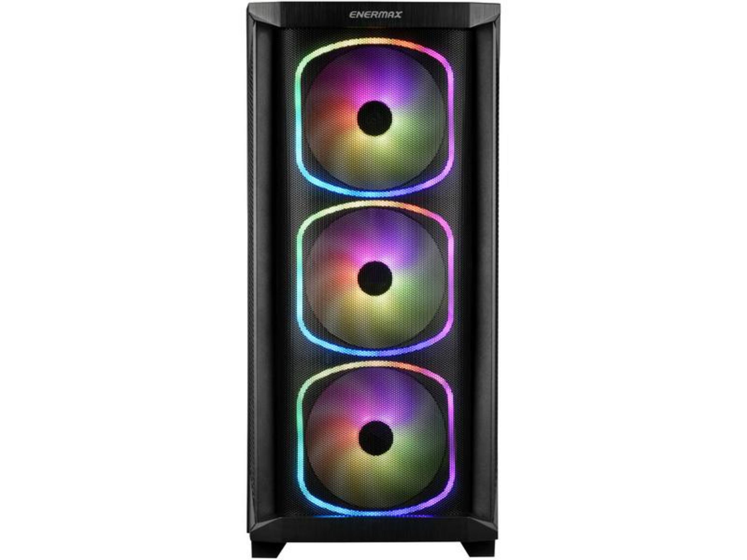 Ein schwarzes Computergehäuse mit drei RGB-Lüftern vorne.