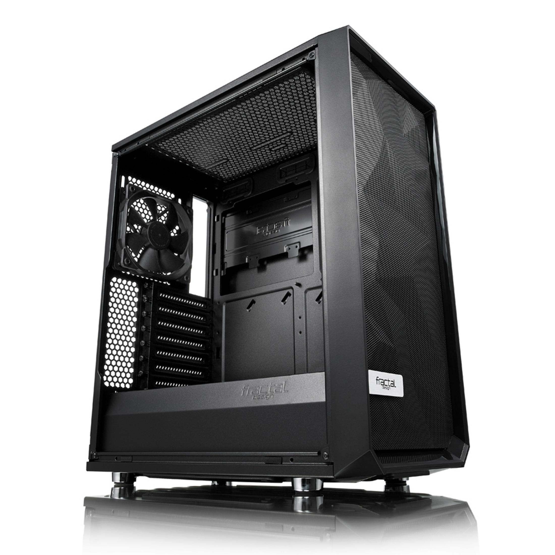 Ein leerer schwarzer Computerturm mit Mesh-Front und Lüfter.