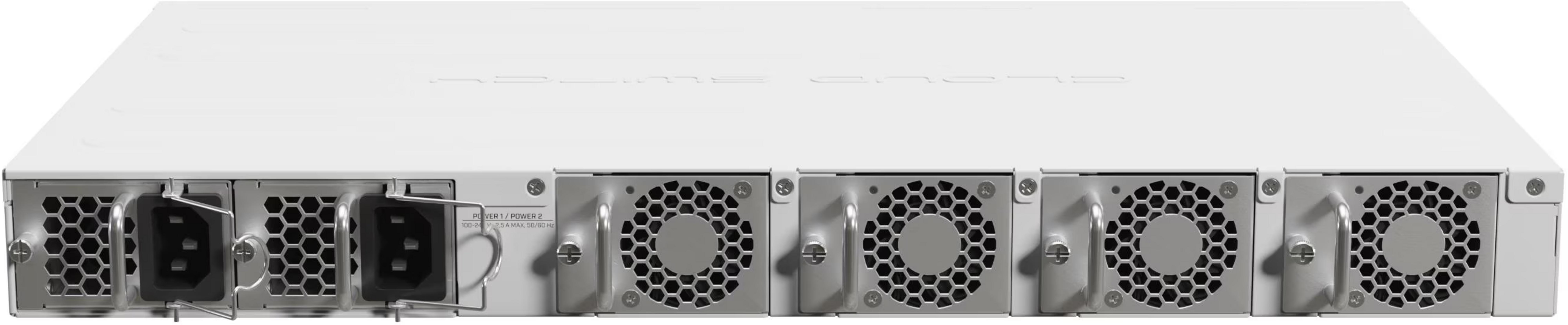 Arrière d'un appareil réseau blanc avec deux ports d'alimentation et six ventilateurs.