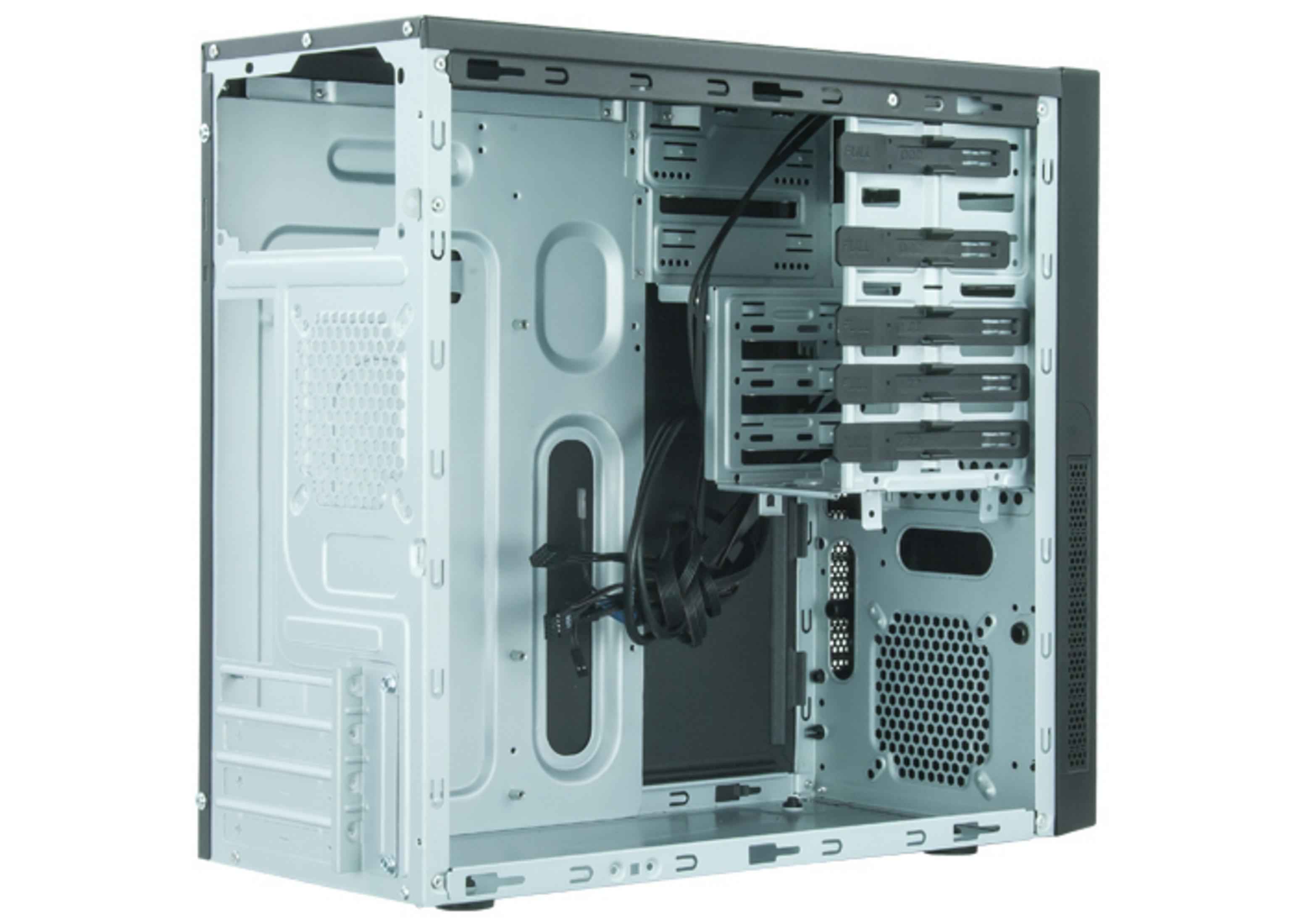 An open metal computer case with drive bays and cables inside.
