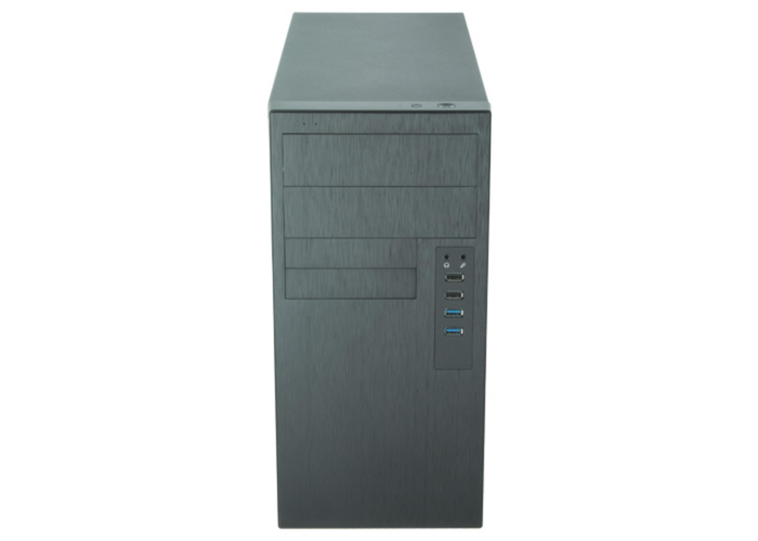 A dark computer tower with front USB ports.