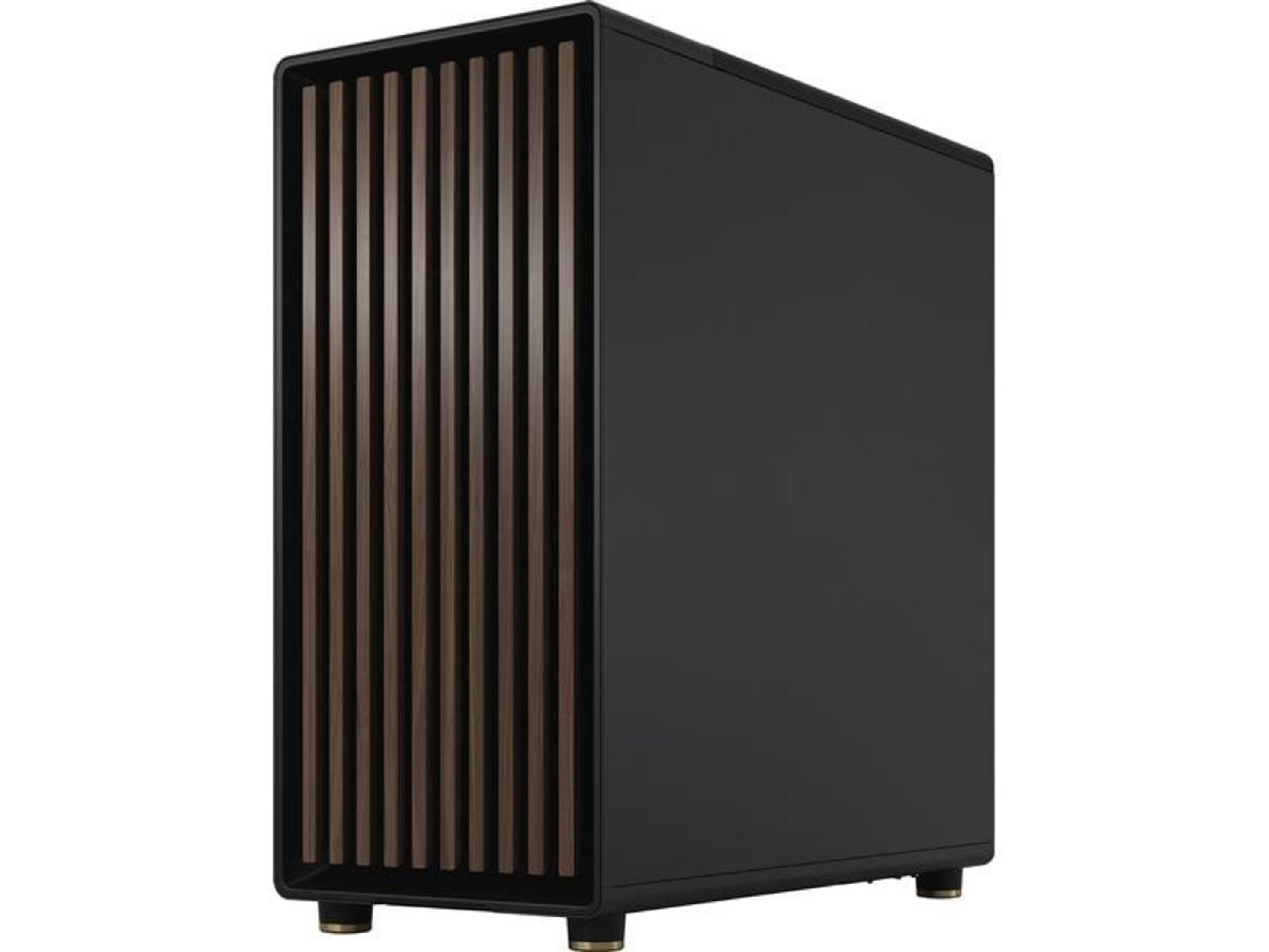 Een zwarte computerkast met verticale houten lamellen en gouden pootjes.